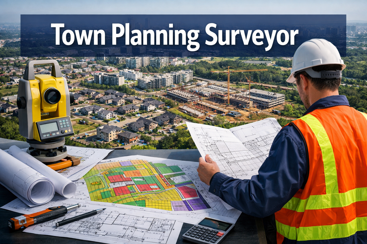 Professional landscape hero image (1536x1024) featuring bold text overlay 'Town Planning Surveyor' in extra large 72pt white sans-serif font