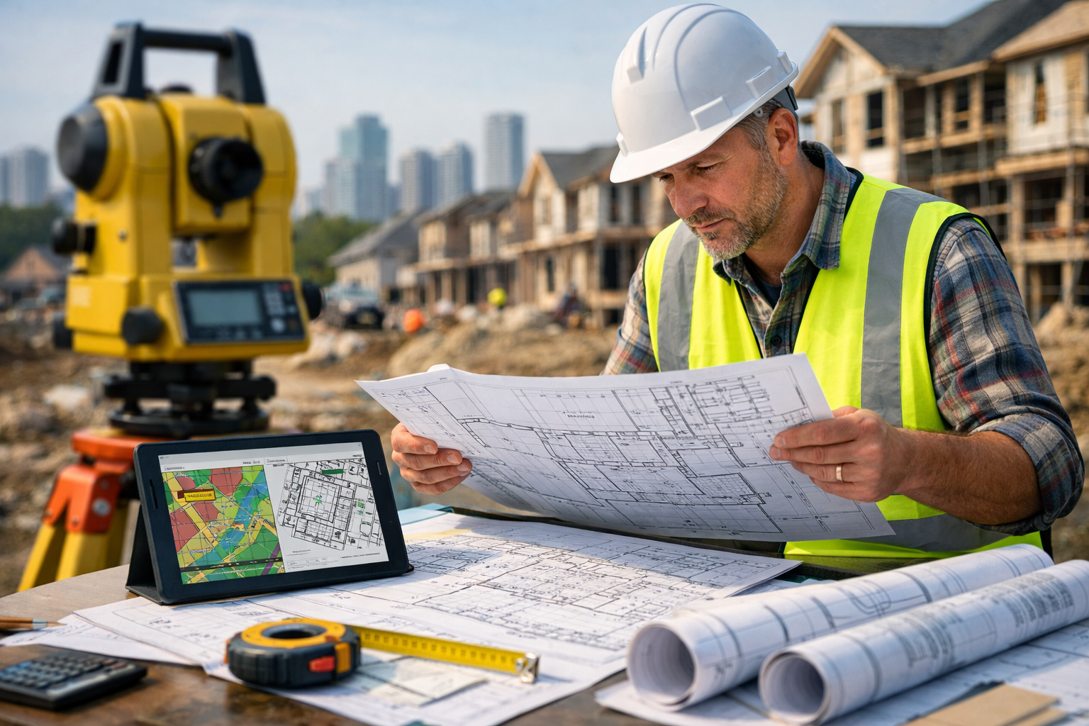 Detailed landscape image (1536x1024) showing professional town planning surveyor in high-visibility vest and hard hat examining large-scale