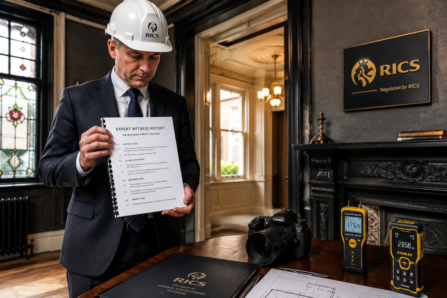 Detailed () showing a professional building surveyor in a hard hat and suit standing inside a Victorian-era property,