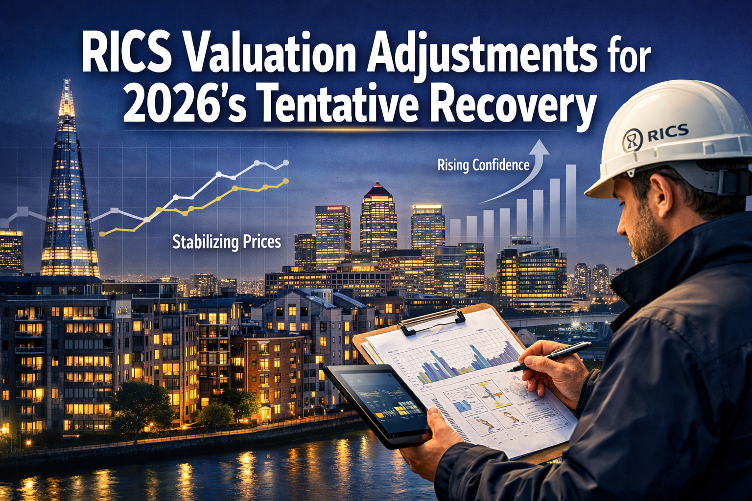 Professional () hero image featuring 'RICS Valuation Adjustments for 2026's Tentative Recovery' in extra large white with