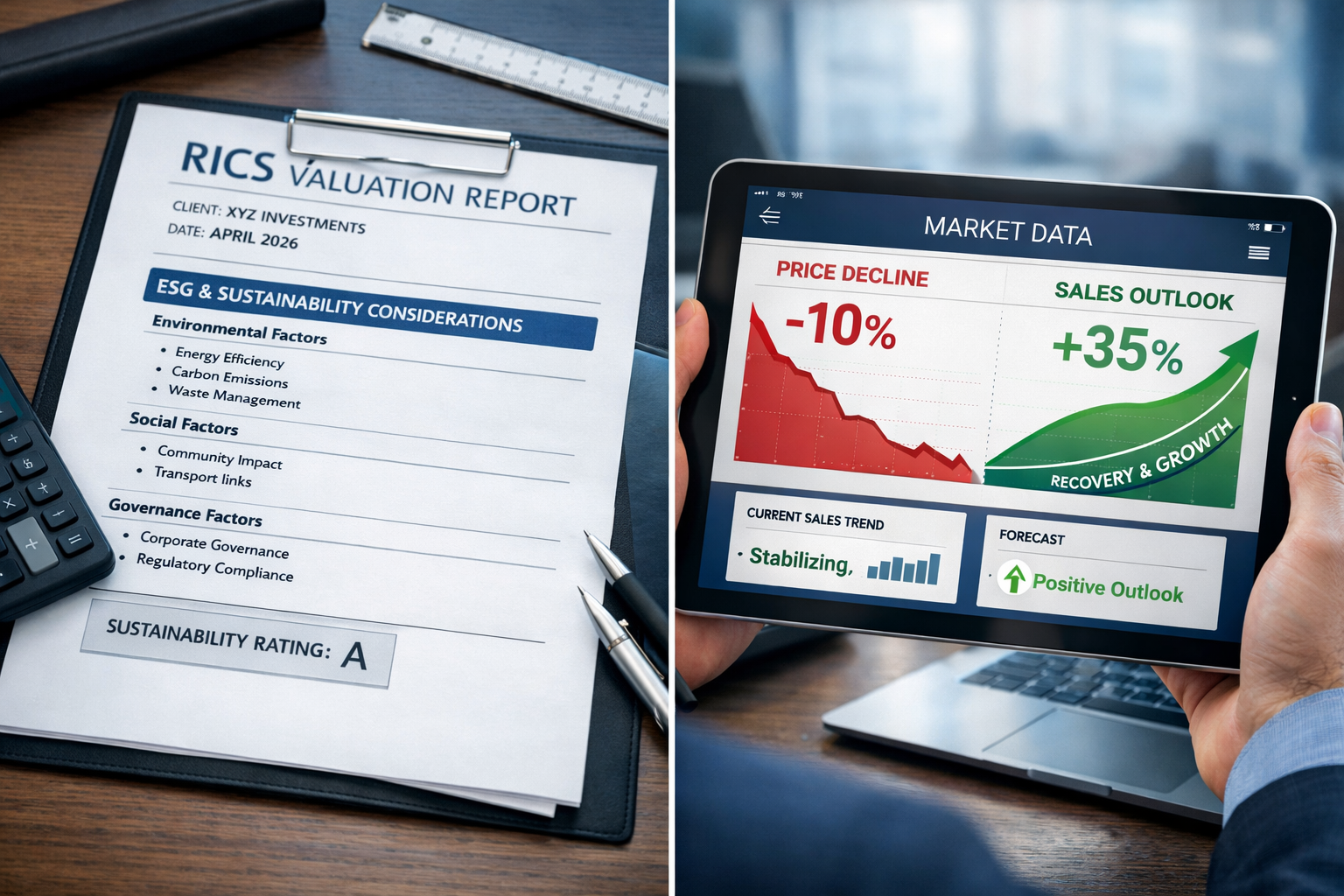 Detailed () image showing split-screen composition: left side displays printed RICS valuation report with visible ESG