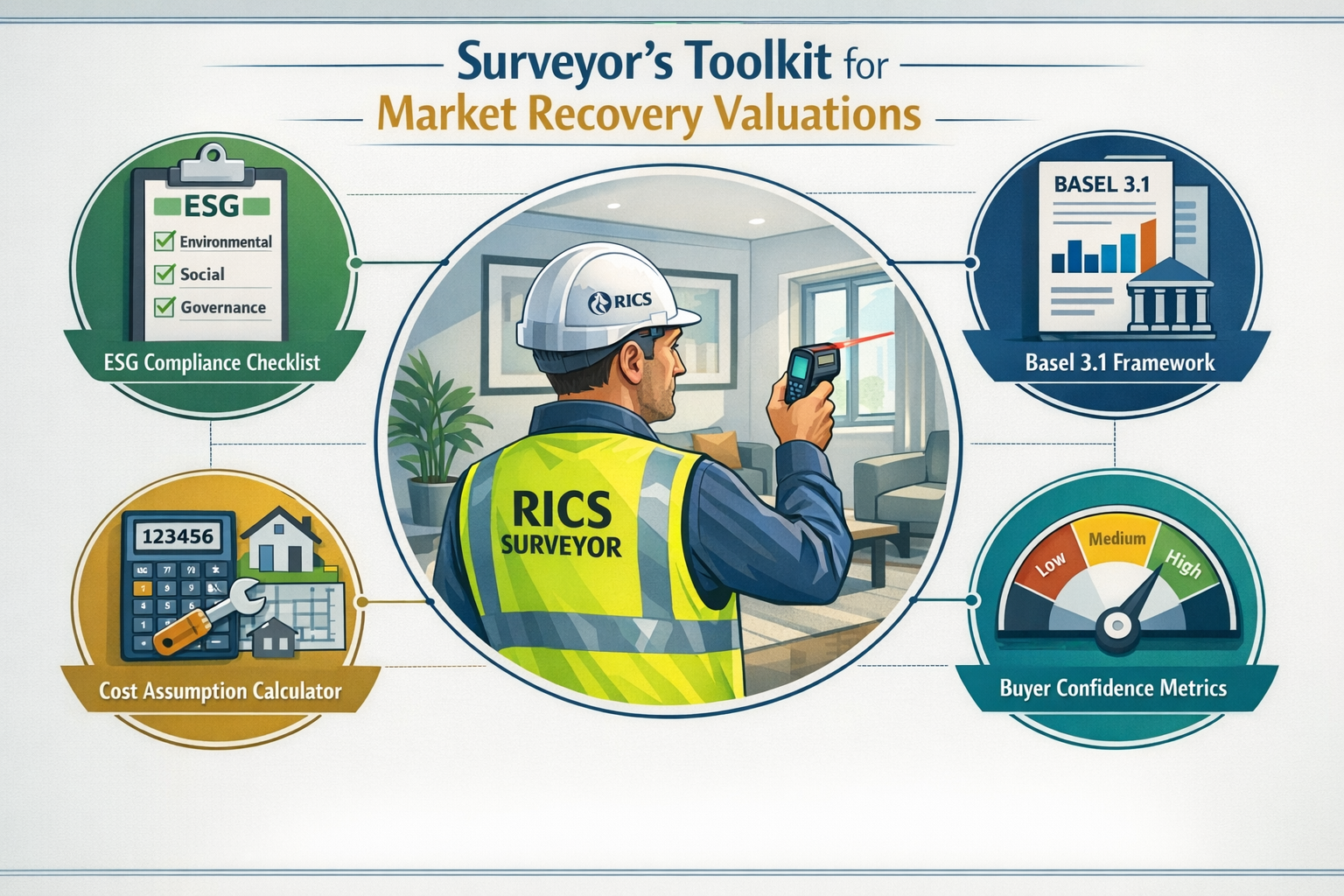 () detailed infographic illustration showing surveyor's toolkit for market recovery valuations: central image of
