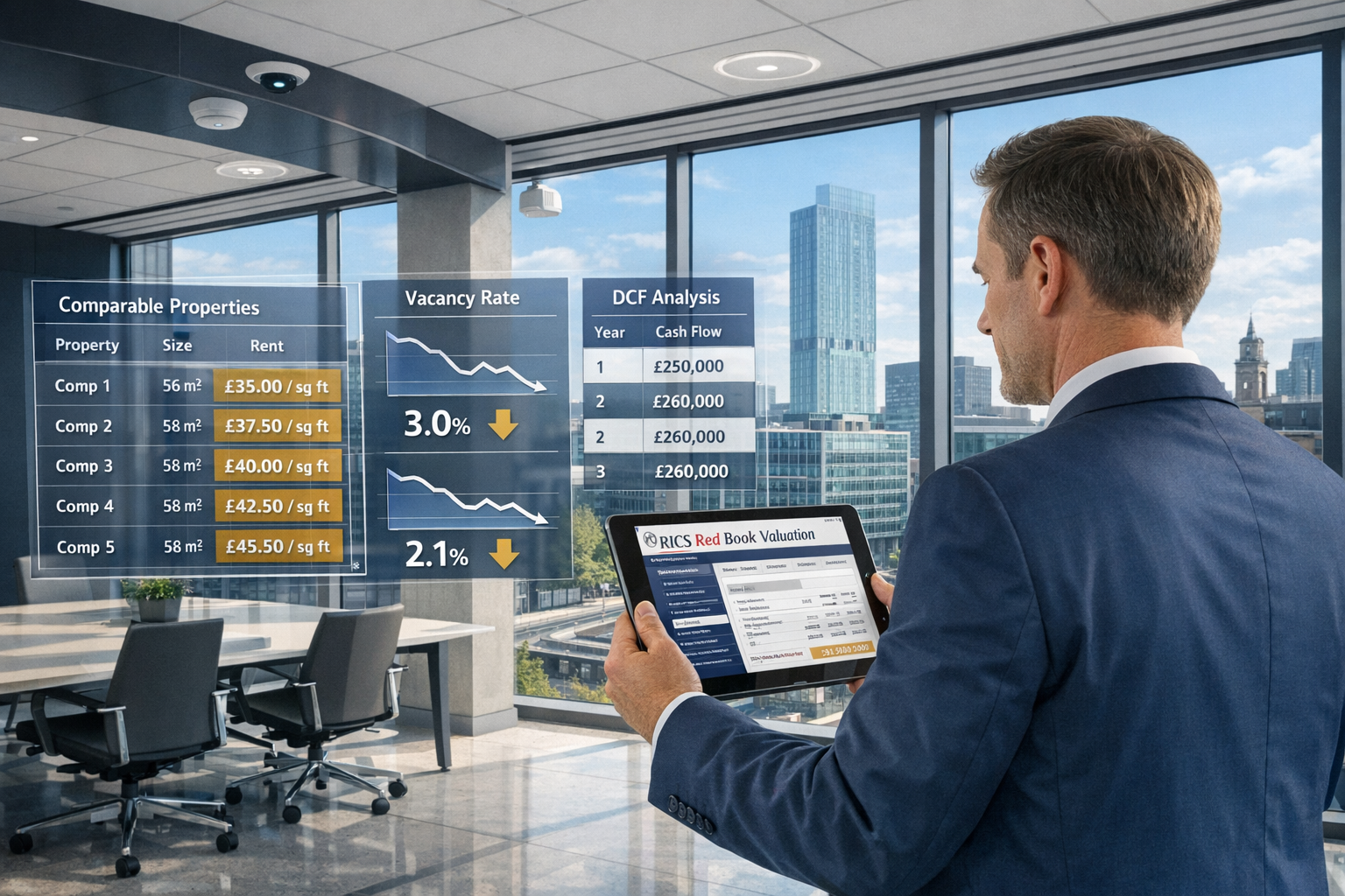 Detailed () image showing professional chartered surveyor in business attire using tablet displaying RICS Red Book valuation