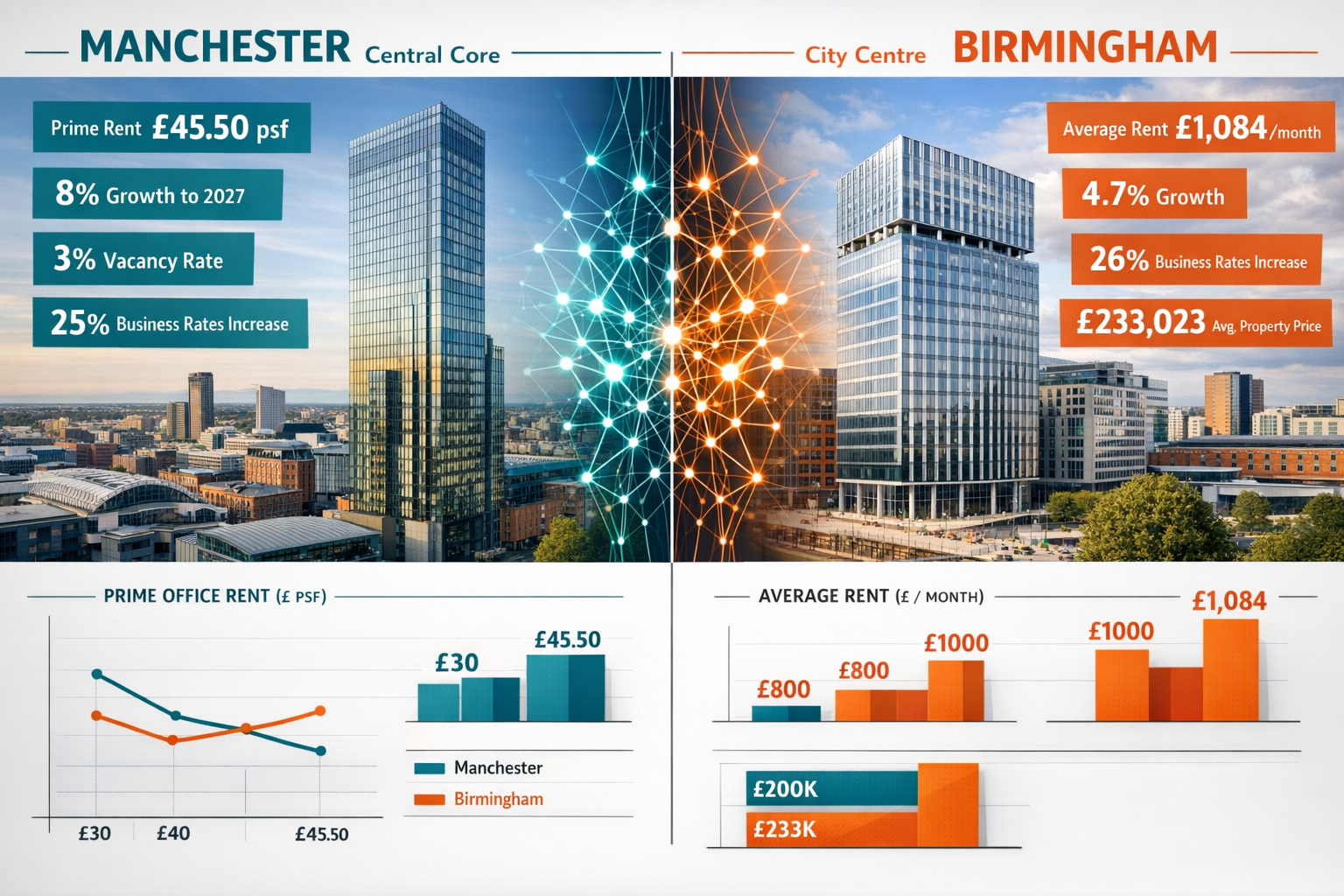 Detailed () image depicting side-by-side comparison infographic of Manchester versus Birmingham office markets. Left panel