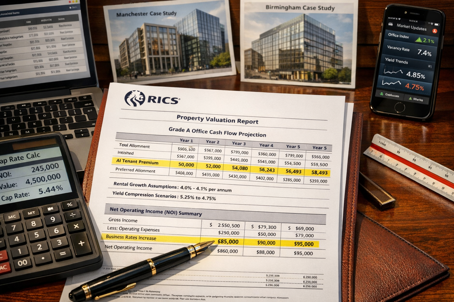 Detailed () image showing close-up of professional valuation report document on mahogany desk with RICS logo visible,
