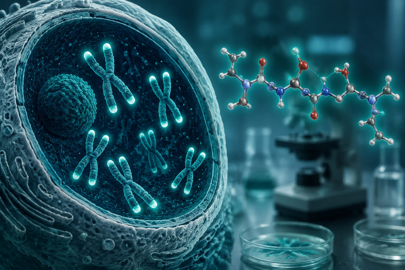 Detailed () scientific illustration showing a cross-section of a human cell nucleus with telomeres highlighted at chromosome
