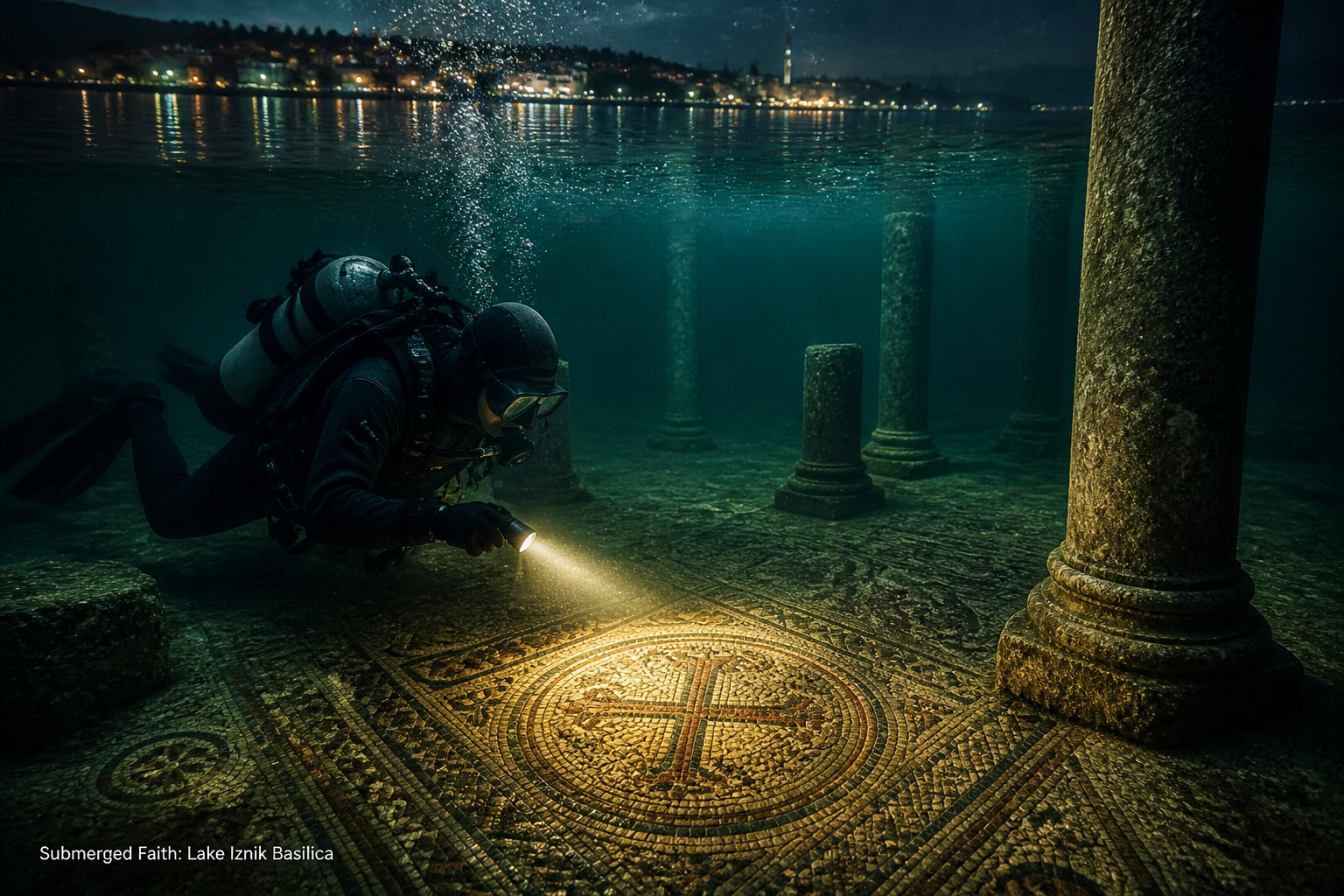 () editorial photograph showing underwater archaeological excavation at Lake Iznik, Turkey &mdash; a diver illuminating submerged