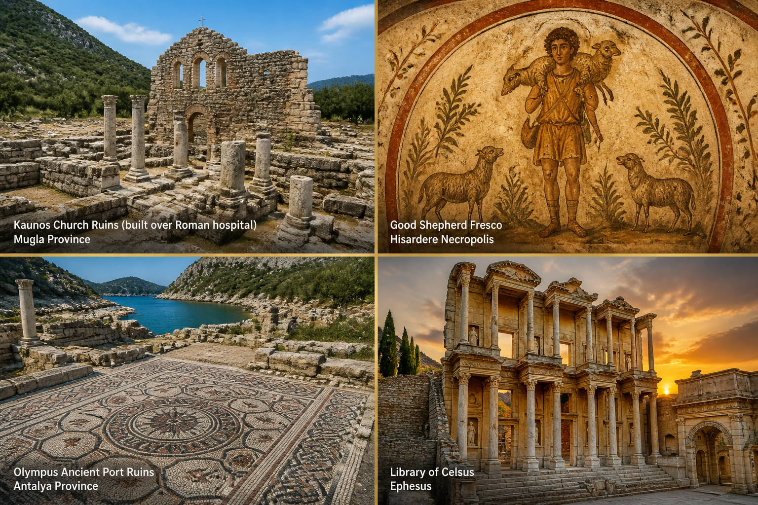 () editorial composite showing side-by-side comparison of four distinct Turkish early Christian archaeological sites: