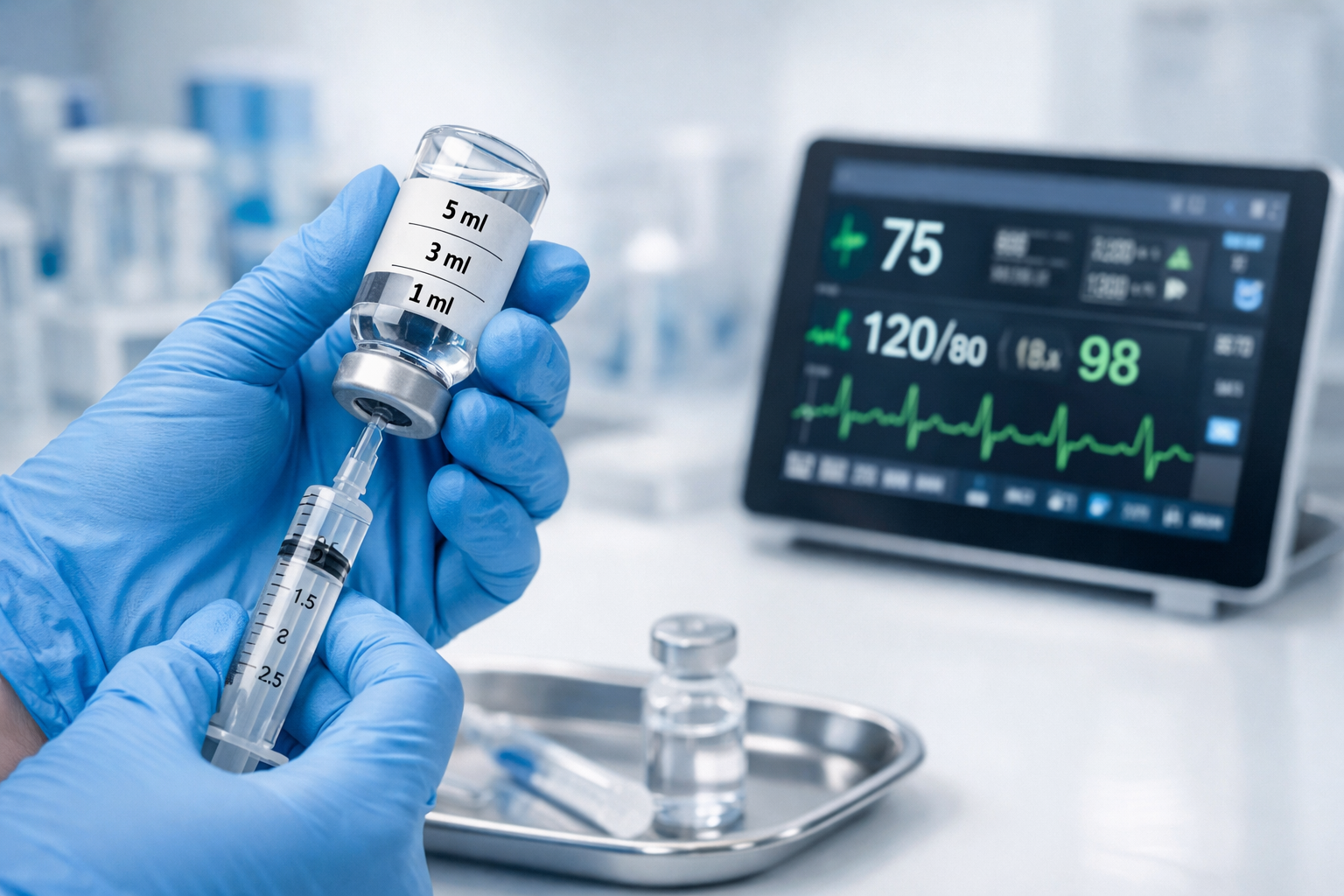 Landscape editorial image (1536x1024) showing clinical research concept with gloved hands holding medical syringe and vial labeled with dosa