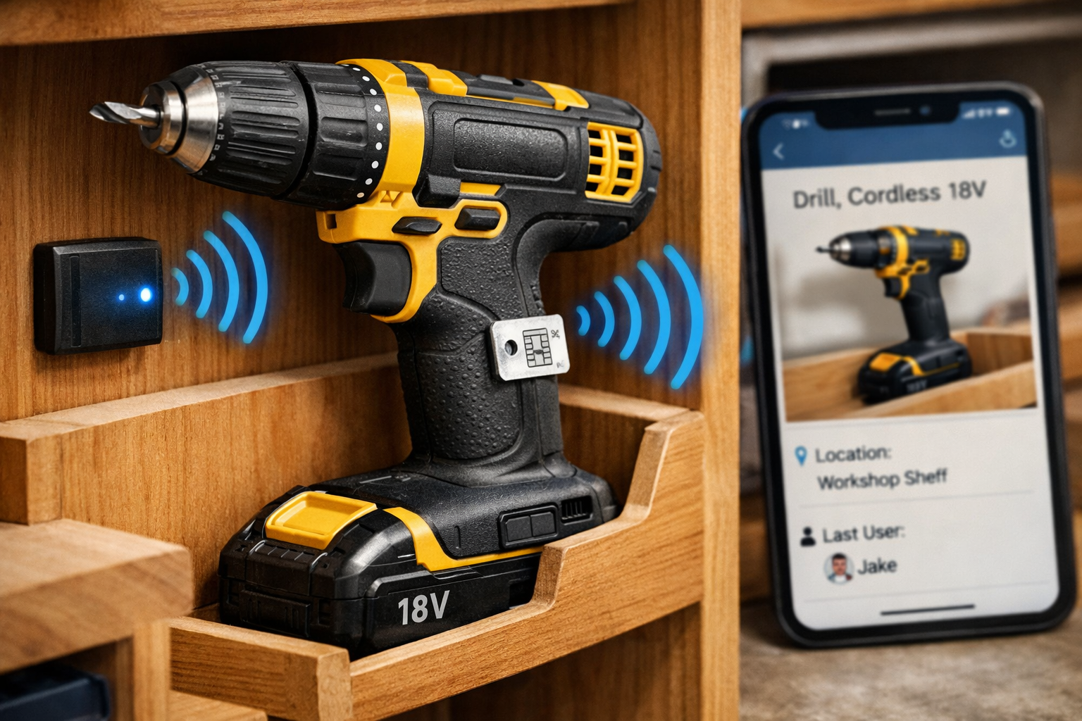 Landscape image () depicting a close-up of a power drill with a small RFID tag attached near its handle, resting in a