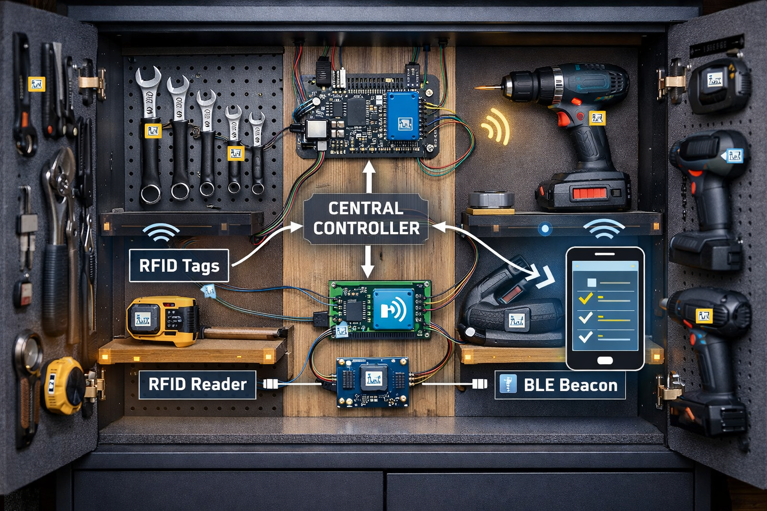 Landscape image () showcasing a DIY smart tool cabinet interior. Various hand tools and power tools are visible, each with a