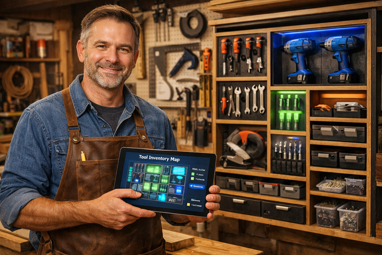 Landscape image () demonstrating a woodworker in a neatly organized workshop, holding a tablet displaying a real-time