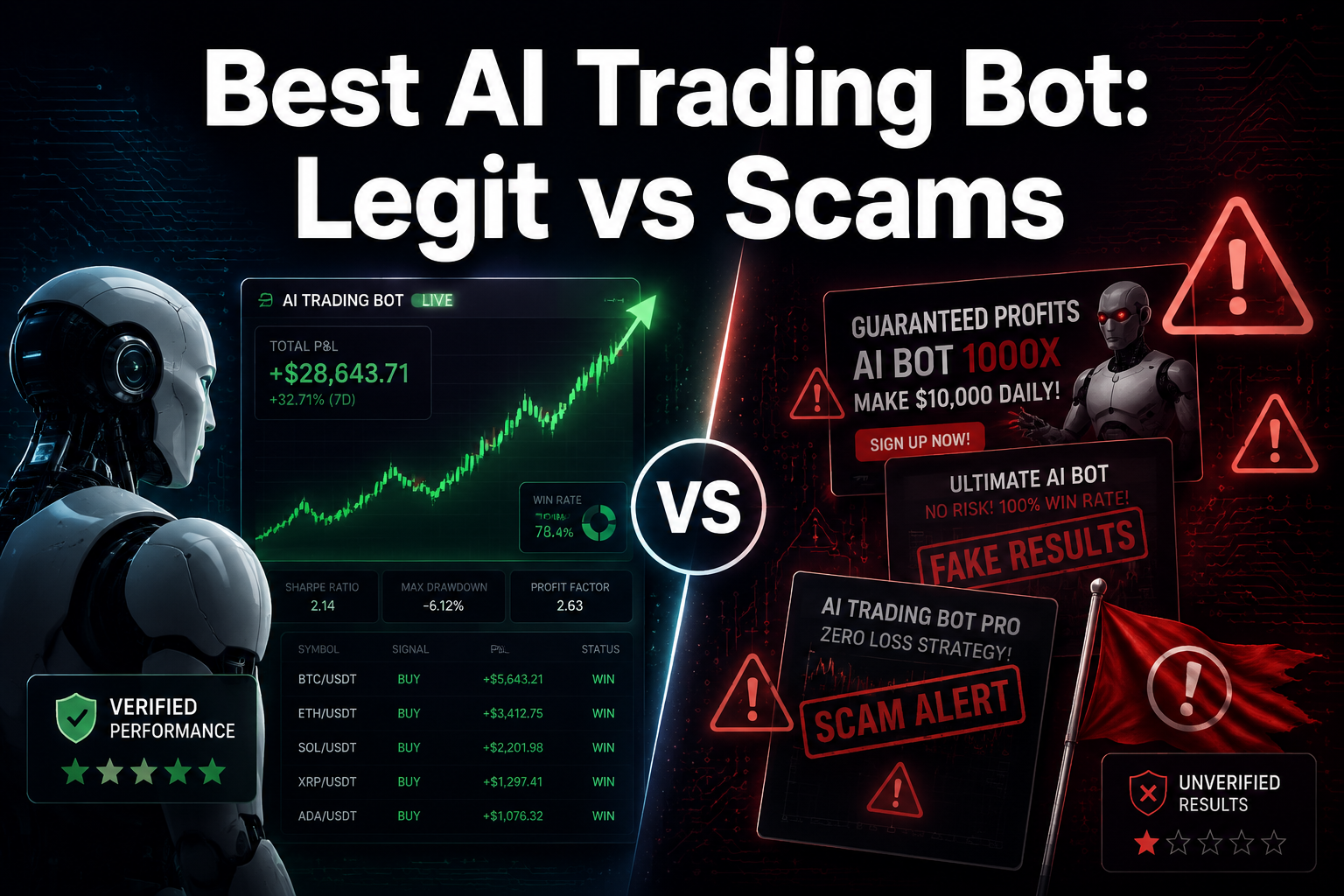 Professional () hero image with 'Best AI Trading Bot: Legit vs Scams' in extra large white with dark , positioned in upper