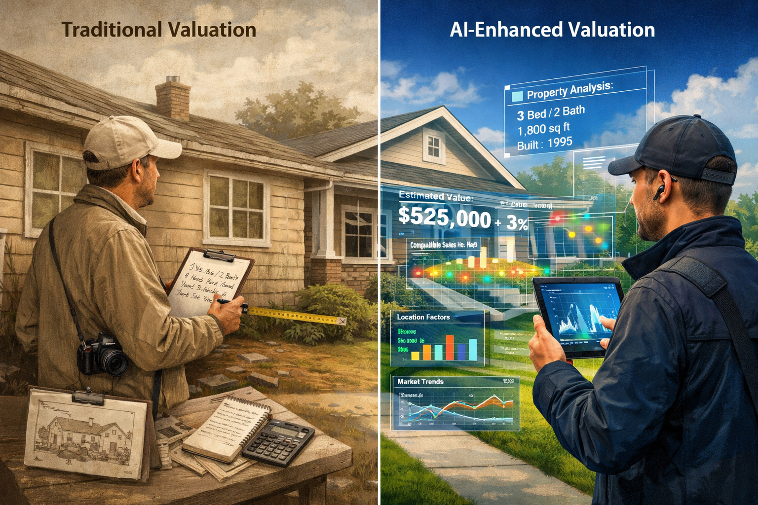 () detailed illustration showing split-screen comparison of traditional property valuation versus AI-enhanced valuation