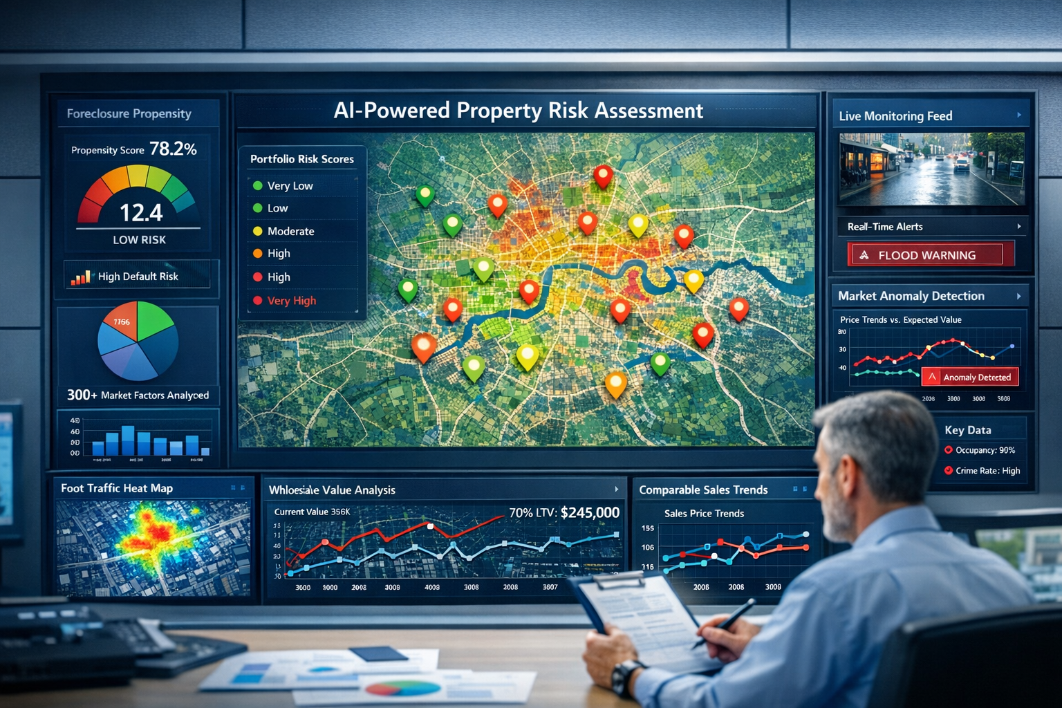 () sophisticated infographic dashboard showing comprehensive property risk assessment tools in action. Central focus on