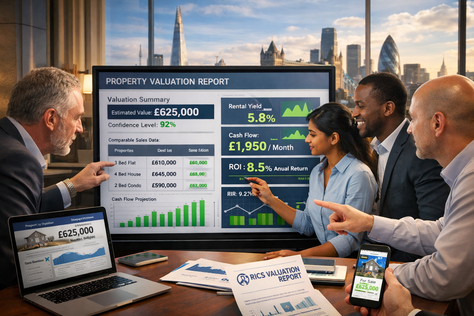 () dynamic composite image showing modern surveyor collaboration scene in contemporary office environment. Main focus on