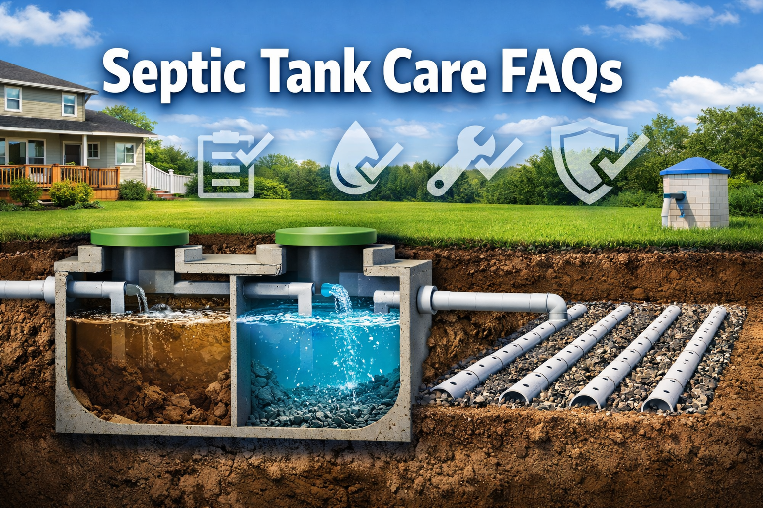 Professional landscape format (1536x1024) hero image with bold text overlay 'Septic Tank Care FAQs' in extra large 70pt white sans-serif fon