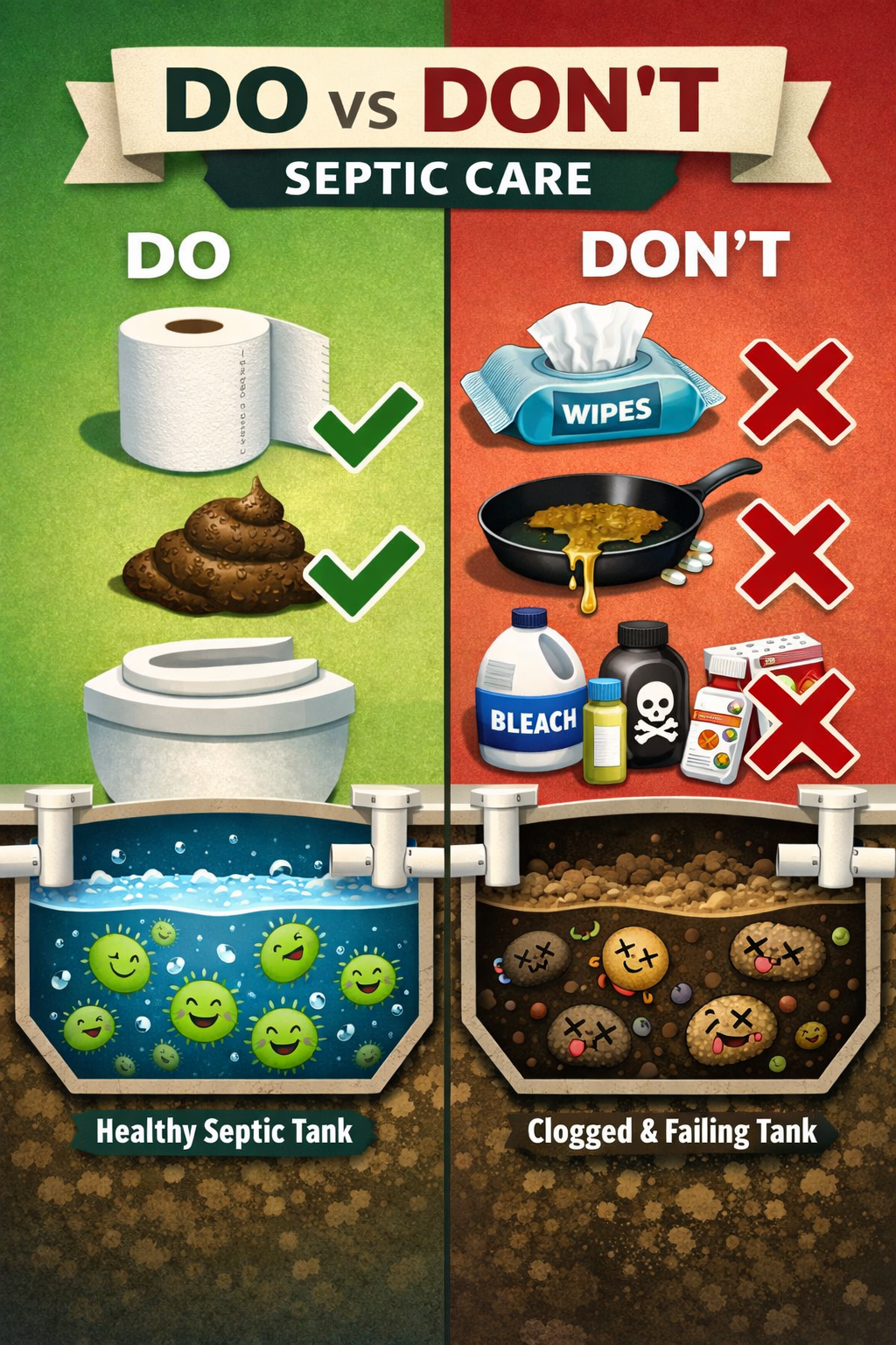 Portrait format (1024x1536) split-screen illustration showing 'DO vs DON'T' for septic care - left side shows proper items (toilet paper, hu