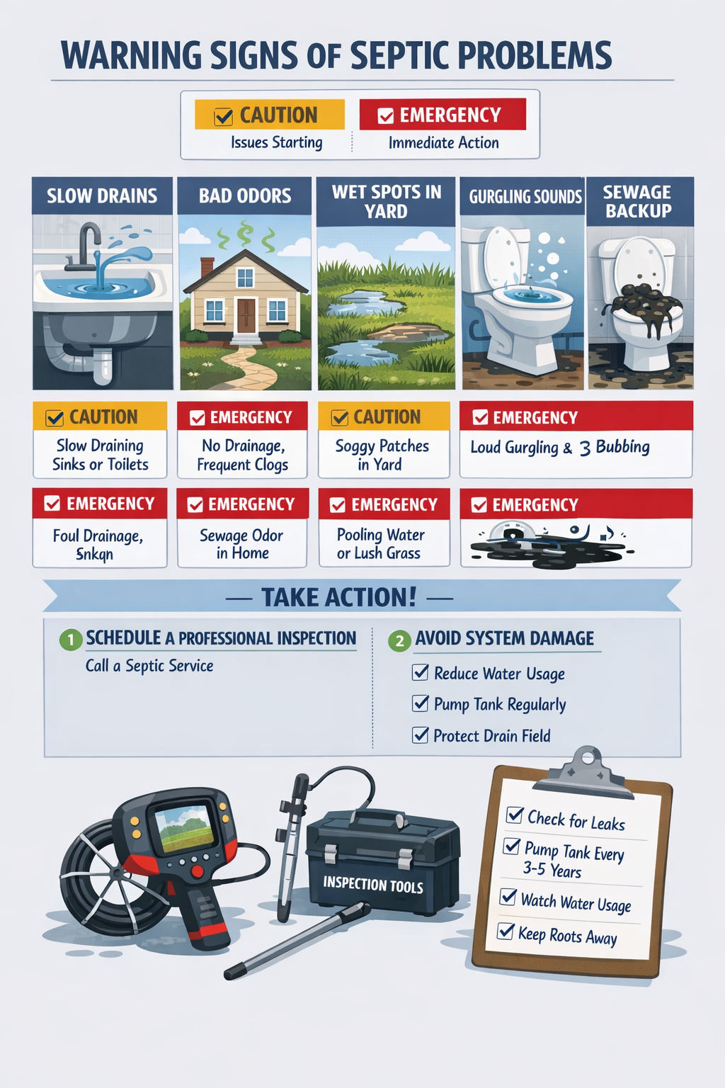 Portrait format (1024x1536) diagnostic flowchart showing warning signs of septic problems - slow drains, bad odors, wet spots in yard, gurgl