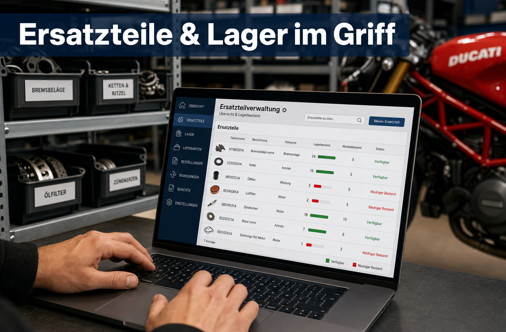 Detailed () image showing a close-up of a workshop manager's hands on a laptop keyboard, screen displaying a German-language