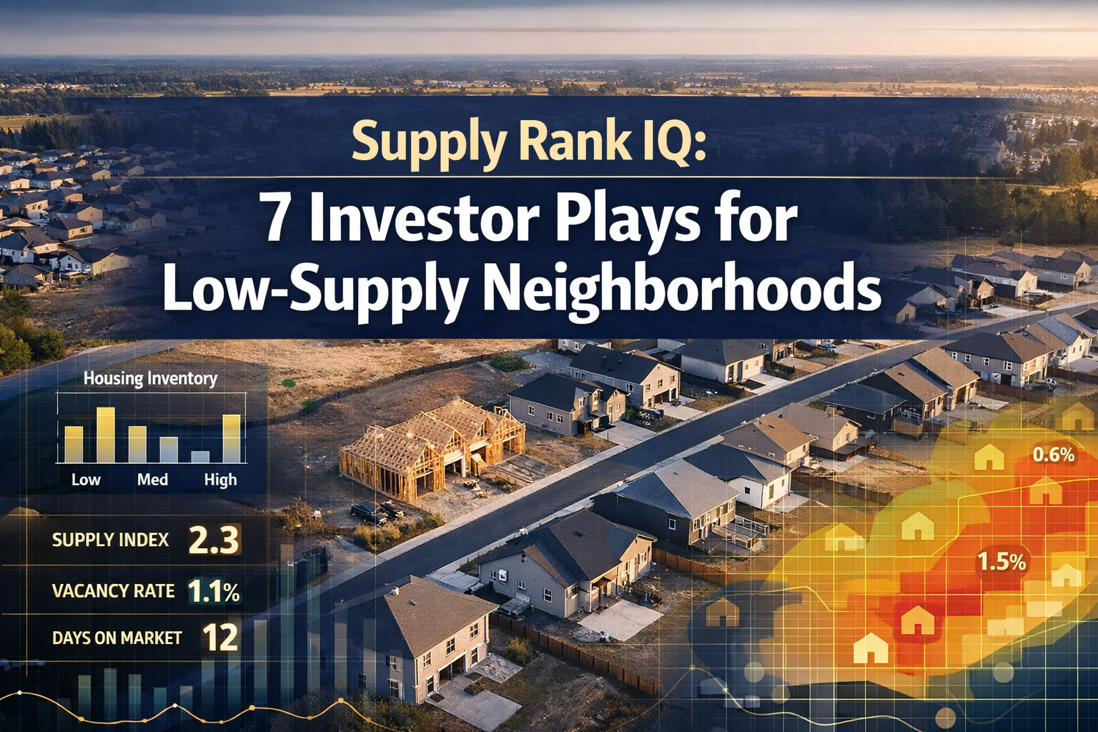 Professional landscape format (1536x1024) hero image featuring bold text overlay 'Supply Rank IQ: 7 Investor Plays for Low-Supply Neighborho