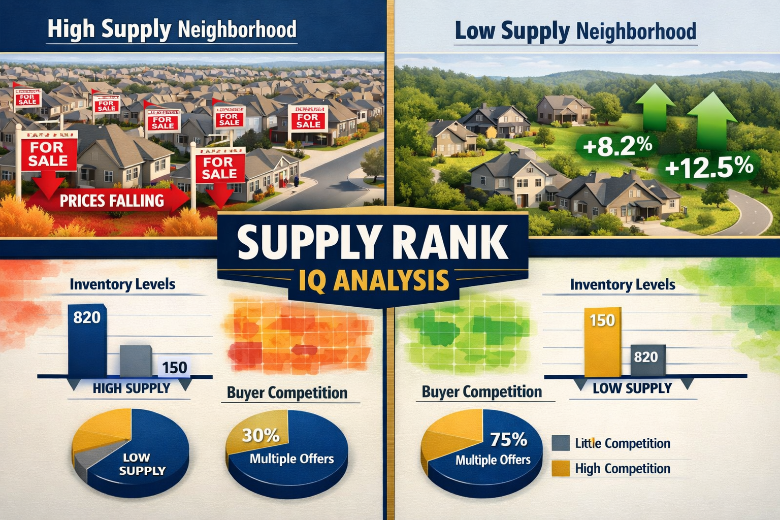 Landscape format (1536x1024) detailed infographic showing split-screen comparison of high-supply versus low-supply neighborhoods. Left side
