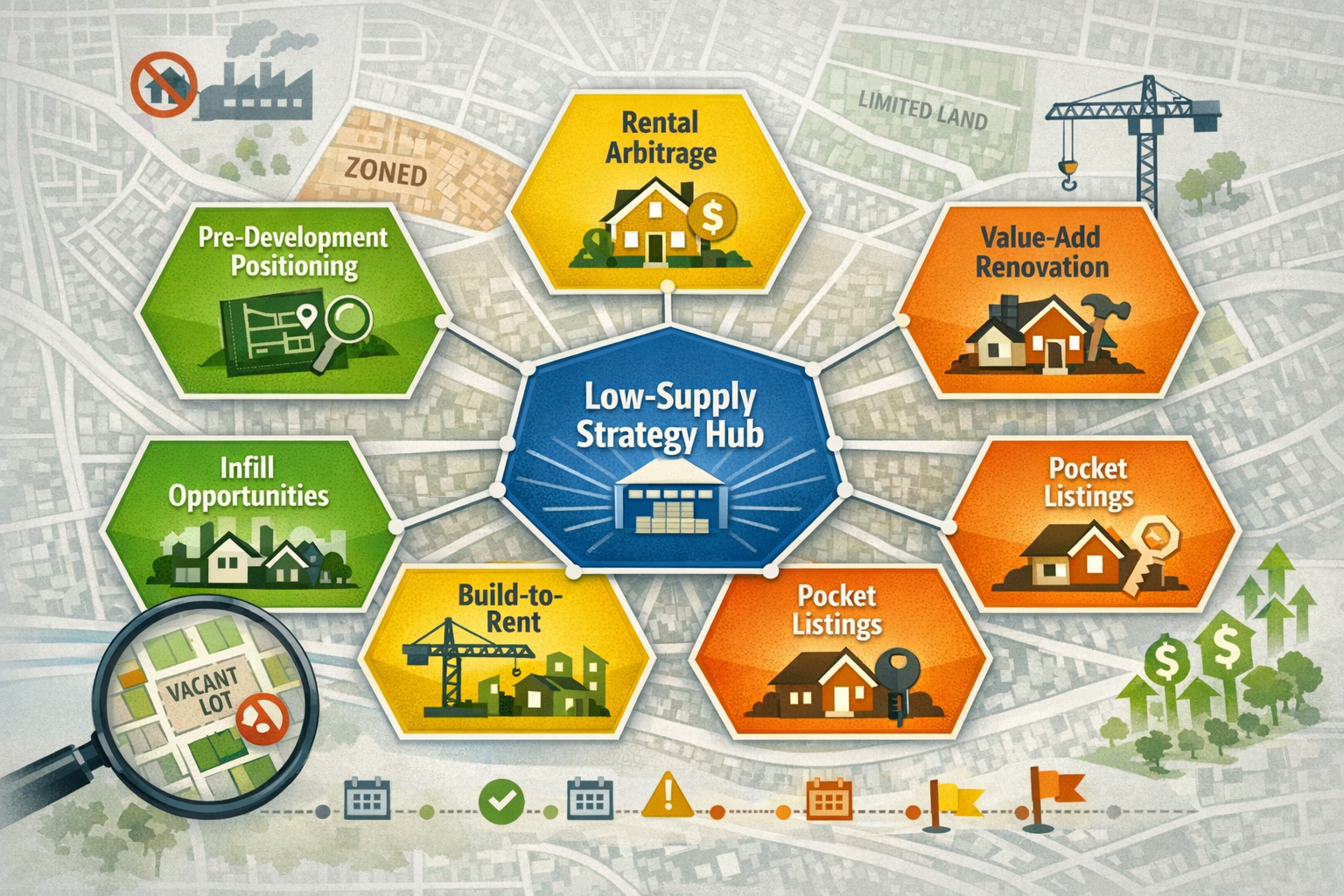 Landscape format (1536x1024) strategic investment playbook visualization showing seven distinct investor strategies laid out as connected he