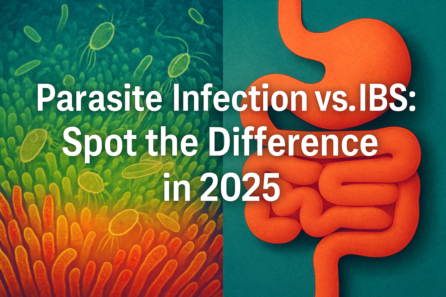 Professional landscape hero image (1536x1024) with bold text overlay: 'Parasite Infection vs. IBS: Spot the Difference in 2025', modern sans