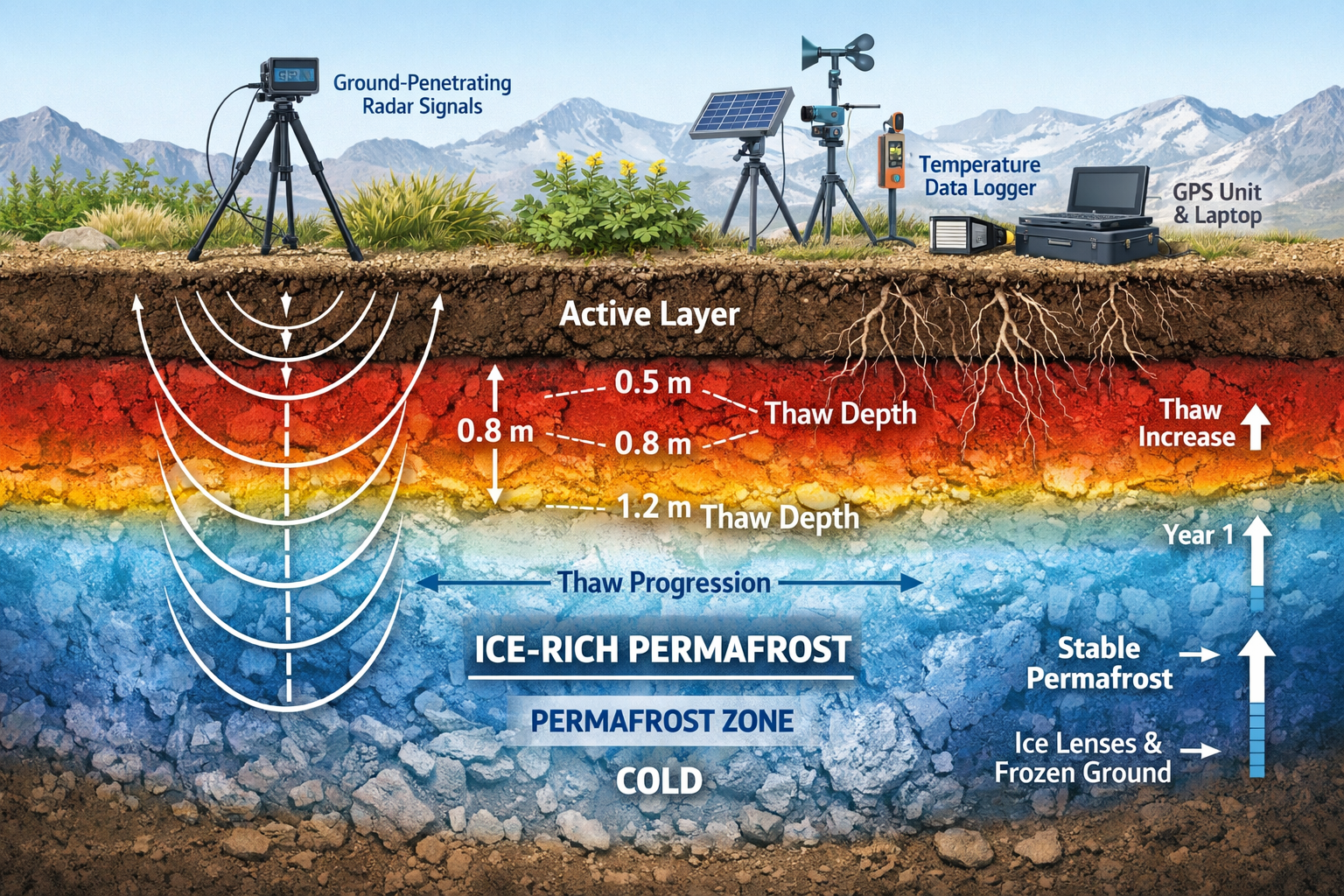 () detailed technical illustration showing cross-section of alpine permafrost layer with ground-penetrating radar waves