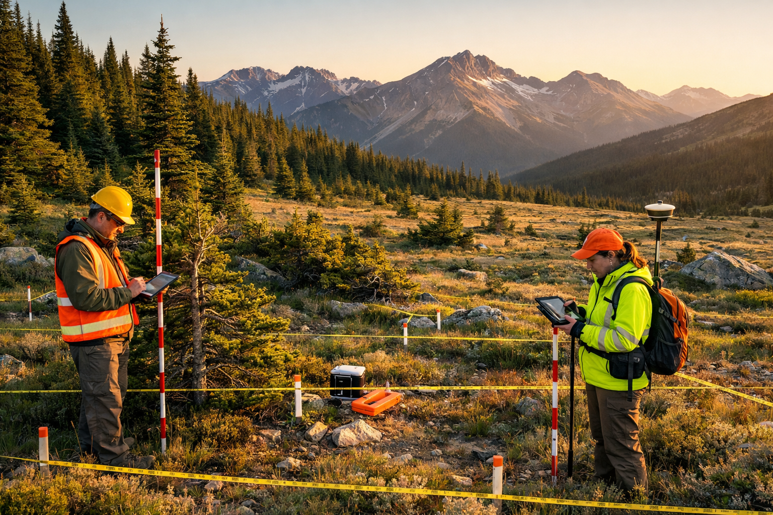 () wide-angle photograph of alpine treeline ecotone showing distinct vegetation transect zones, surveyors in high-visibility