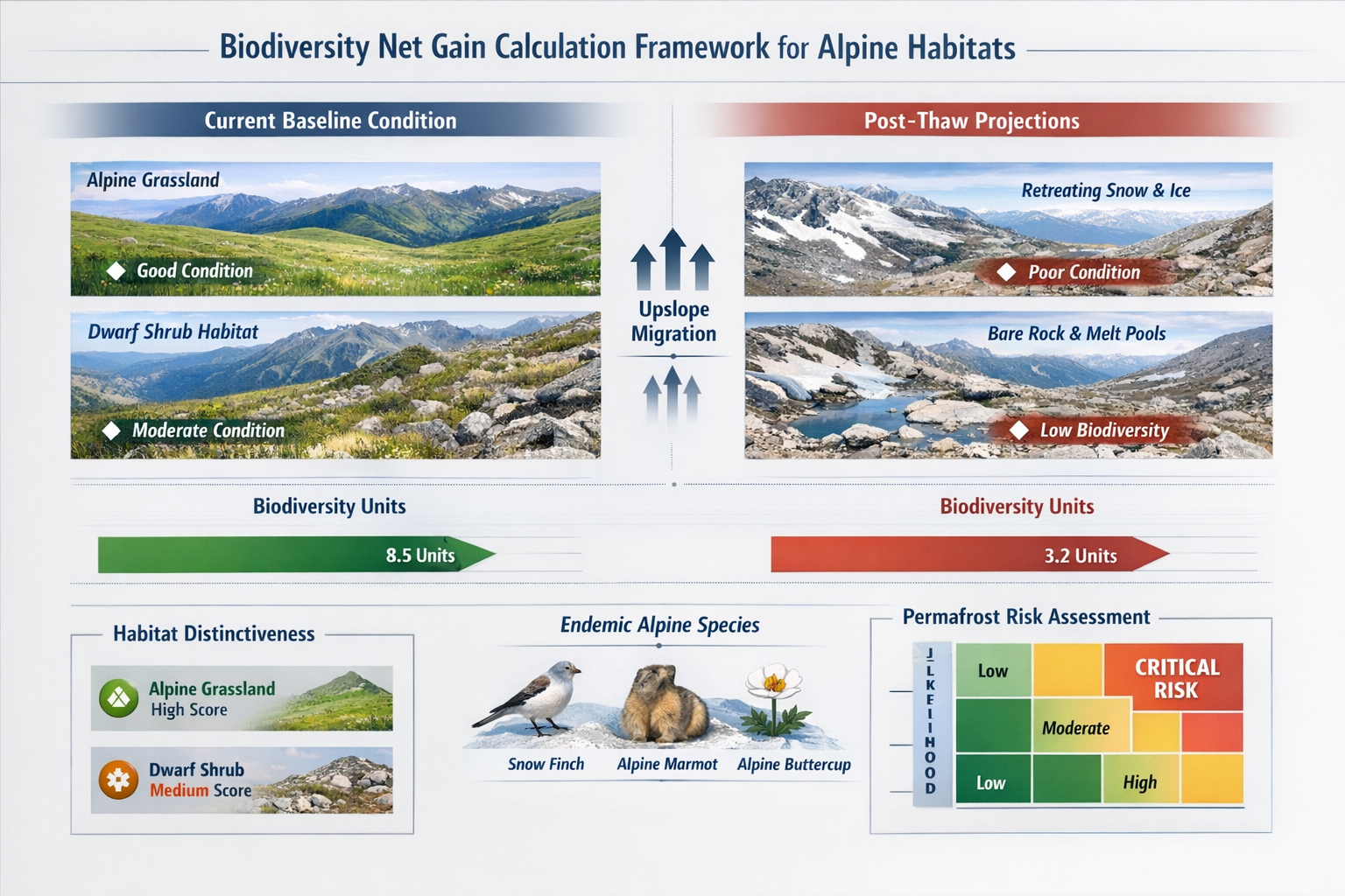 () professional infographic showing biodiversity net gain calculation framework for alpine habitats, split-screen comparison