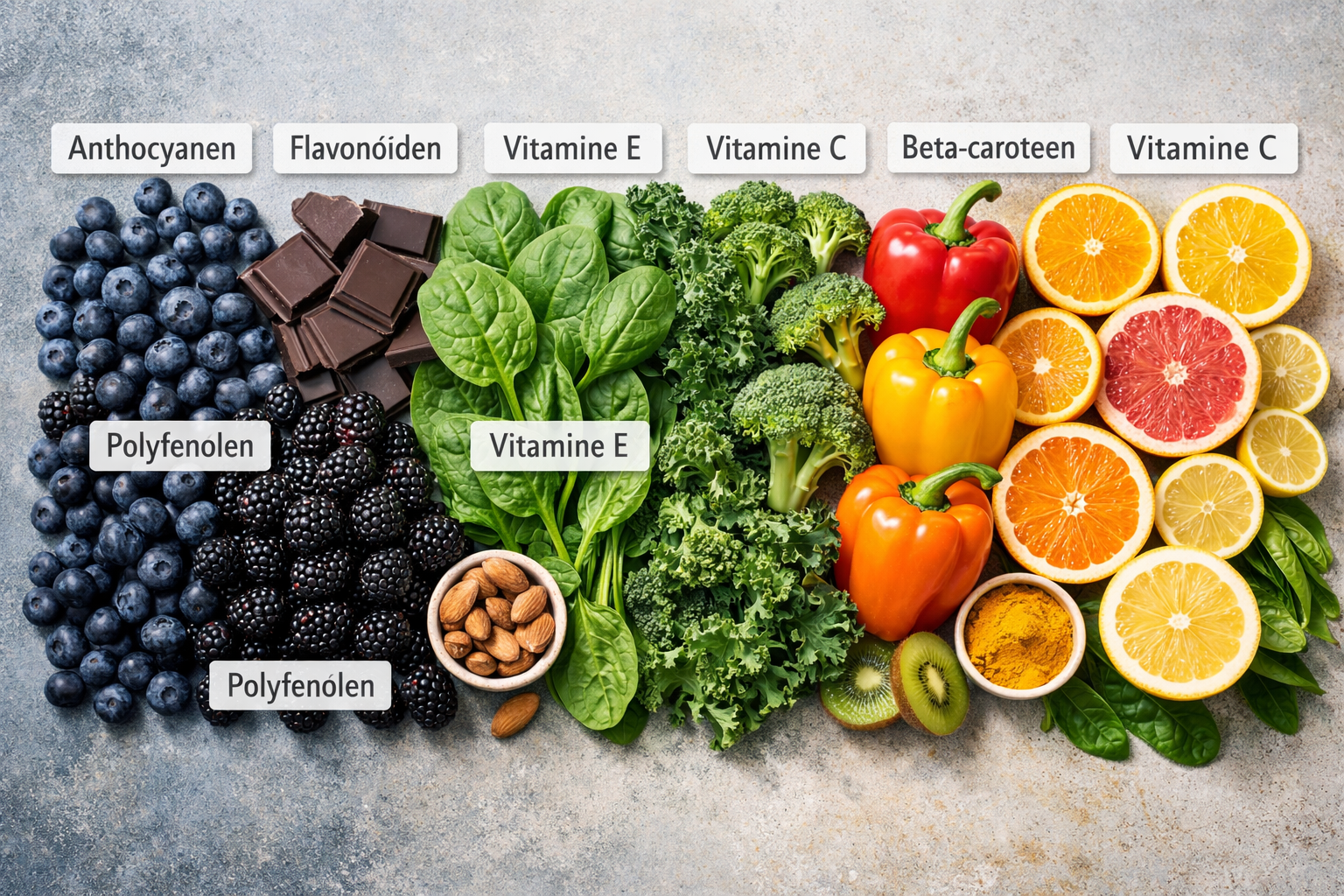 Vibrant flat-lay food photography composition featuring antioxidant-rich foods arranged in color gradient from dark to light: blueberries, b