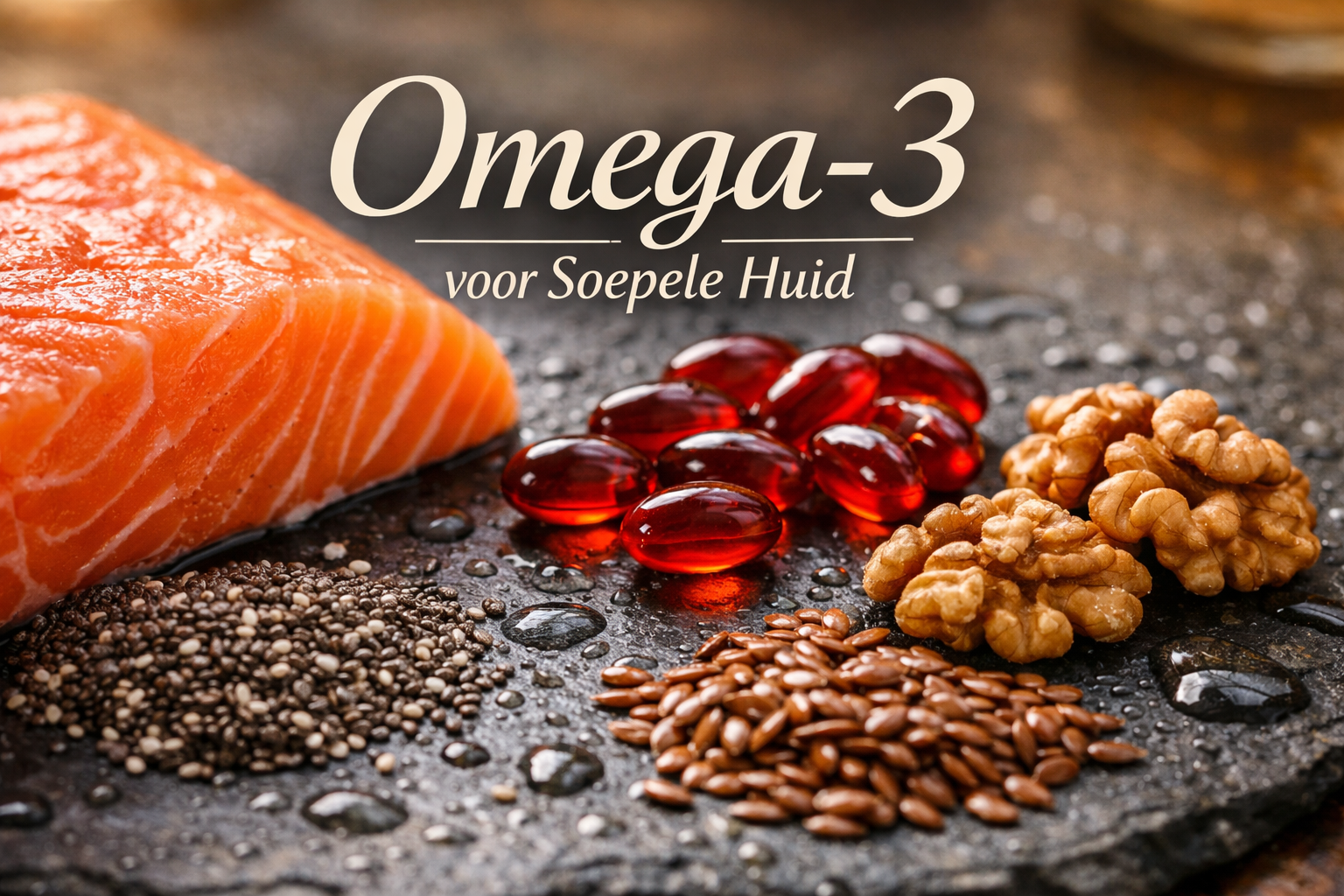 Close-up composition of omega-3 rich foods including fresh salmon fillet, krill oil capsules, walnuts, chia seeds, flaxseeds arranged on sla