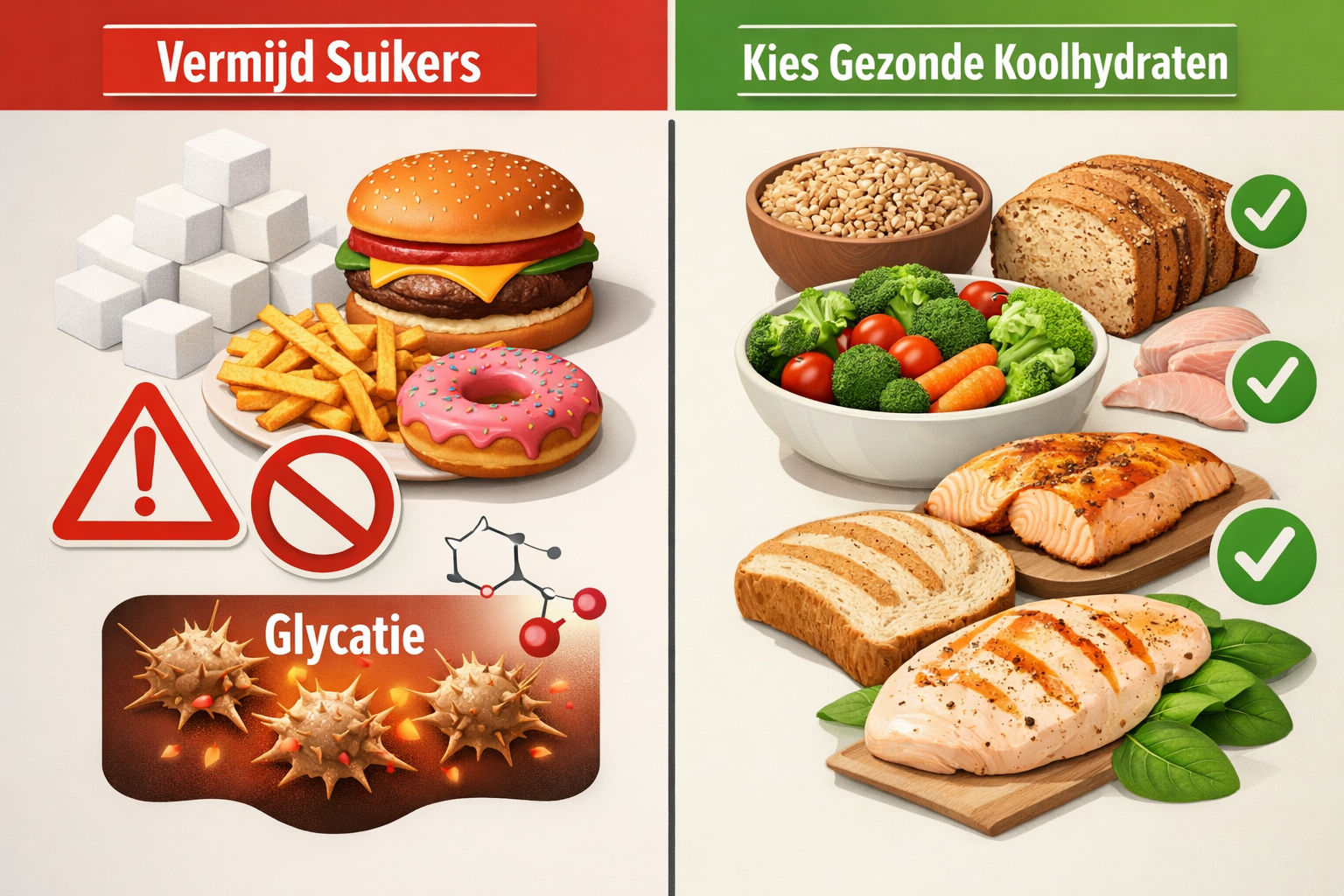 Conceptual split-screen comparison image showing glycation process: left side displays sugar cubes, processed foods, white bread with warnin
