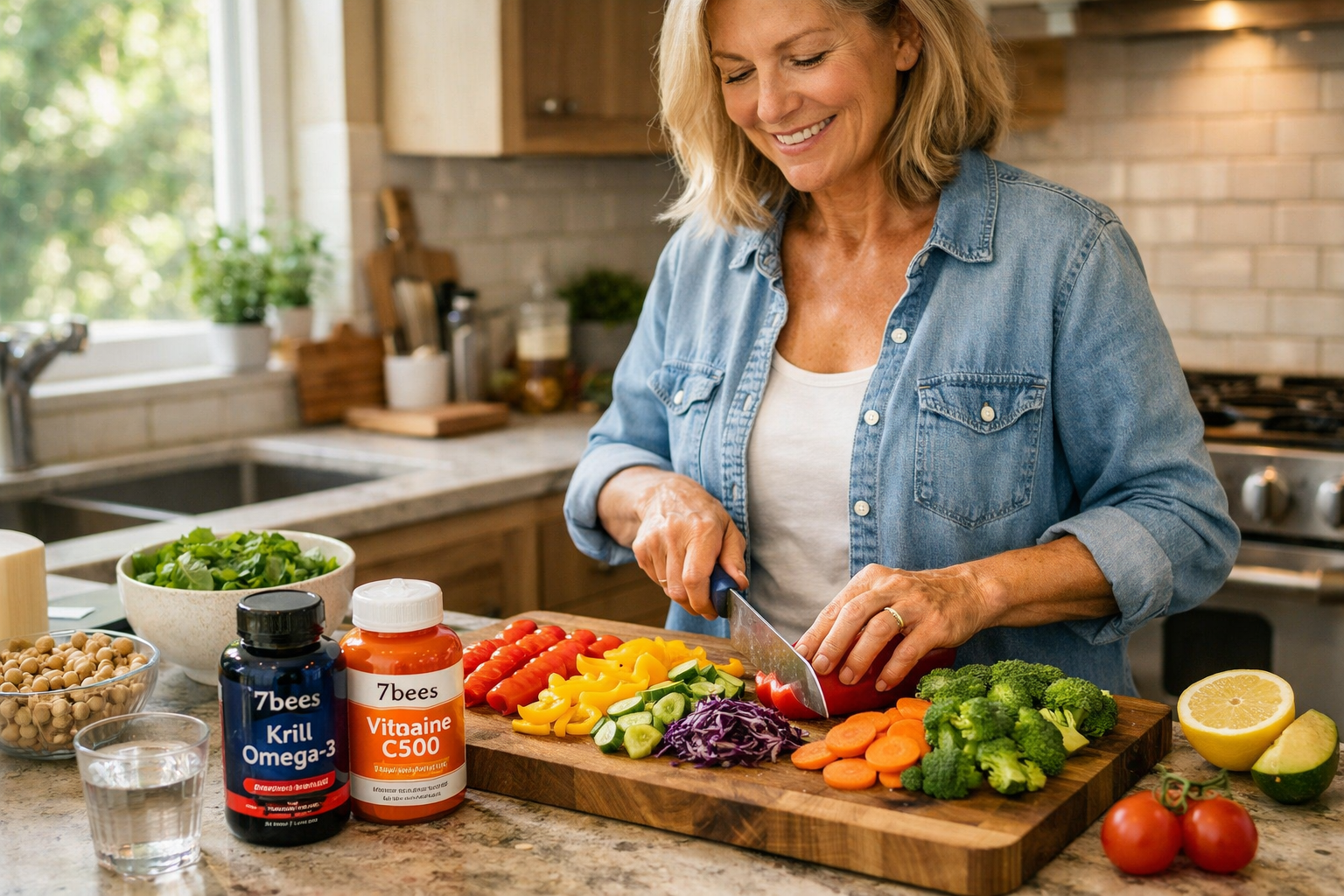 Lifestyle photography of healthy meal preparation scene with mature woman (50s) chopping colorful vegetables in modern kitchen, wooden cutti