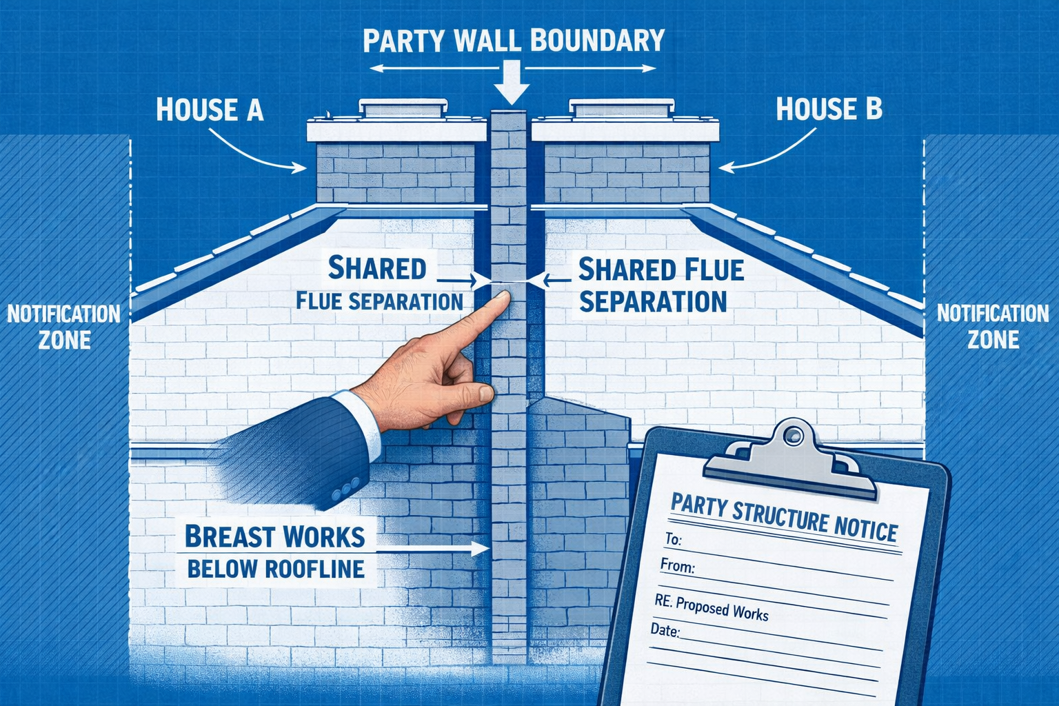 Detailed () infographic-style illustration showing a cross-section diagram of a shared chimney stack between two terraced