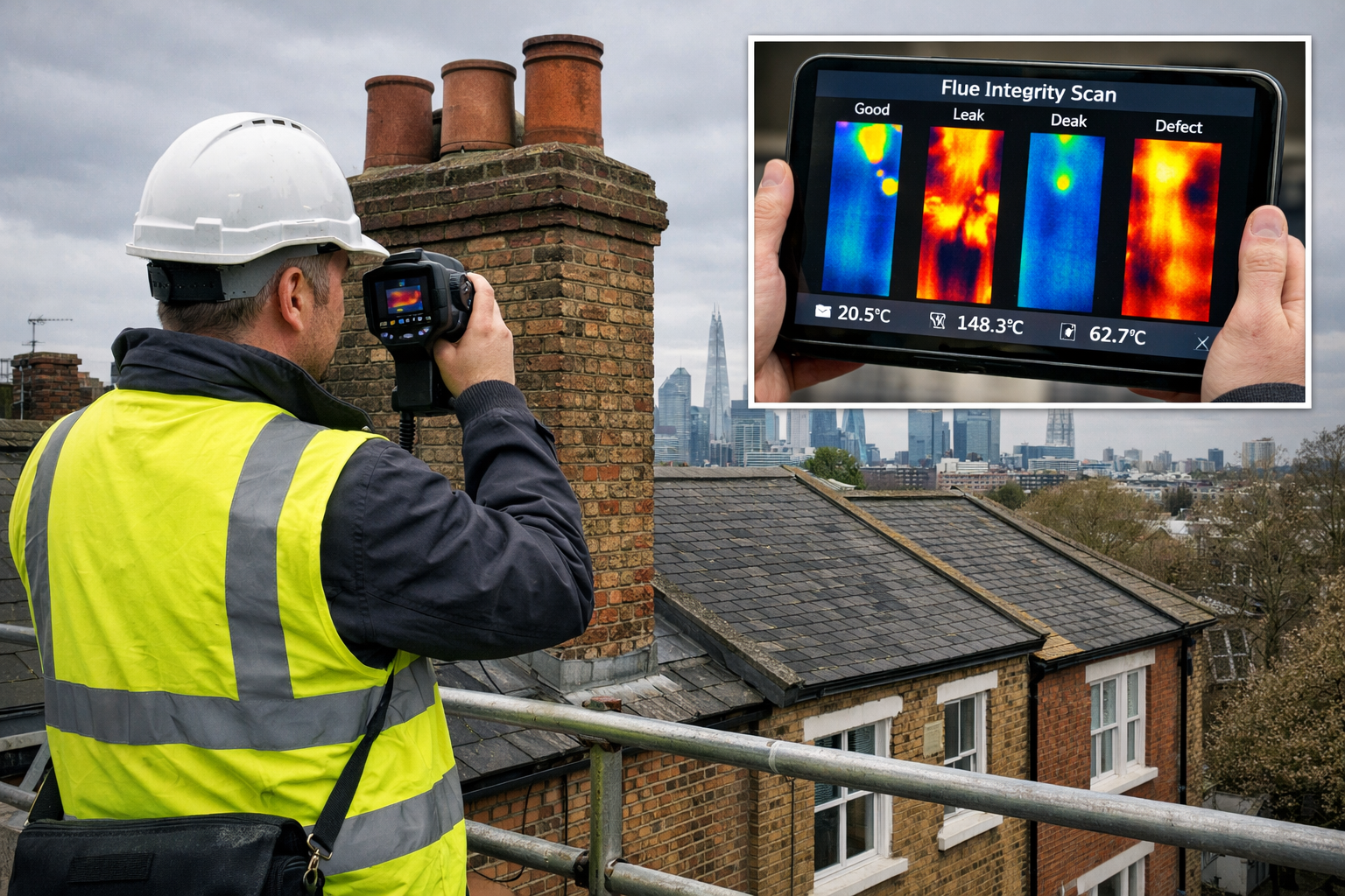 () showing a professional party wall surveyor in a hard hat and hi-vis vest standing on a rooftop scaffold platform, using a