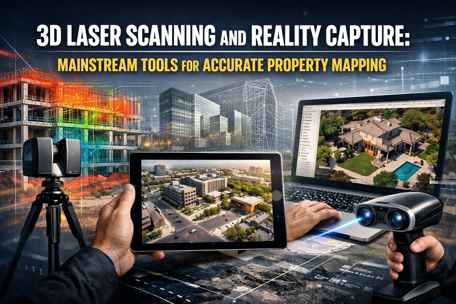 Professional landscape hero image (1536x1024) with bold text overlay: "3D Laser Scanning and Reality Capture: Mainstream Tools for Accurate 