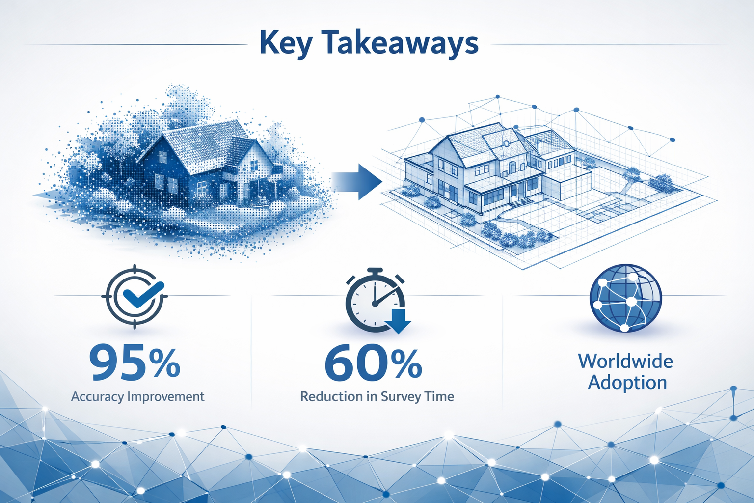 Key Takeaways section infographic: Clean, minimalist design showcasing 3D laser scanning technology's impact on property mapping. Central gr