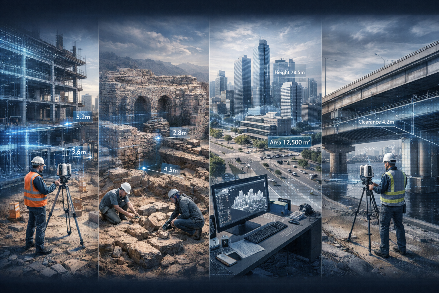 Real-World Applications section comprehensive landscape visualization: Panoramic scene displaying multiple 3D laser scanning applications ac