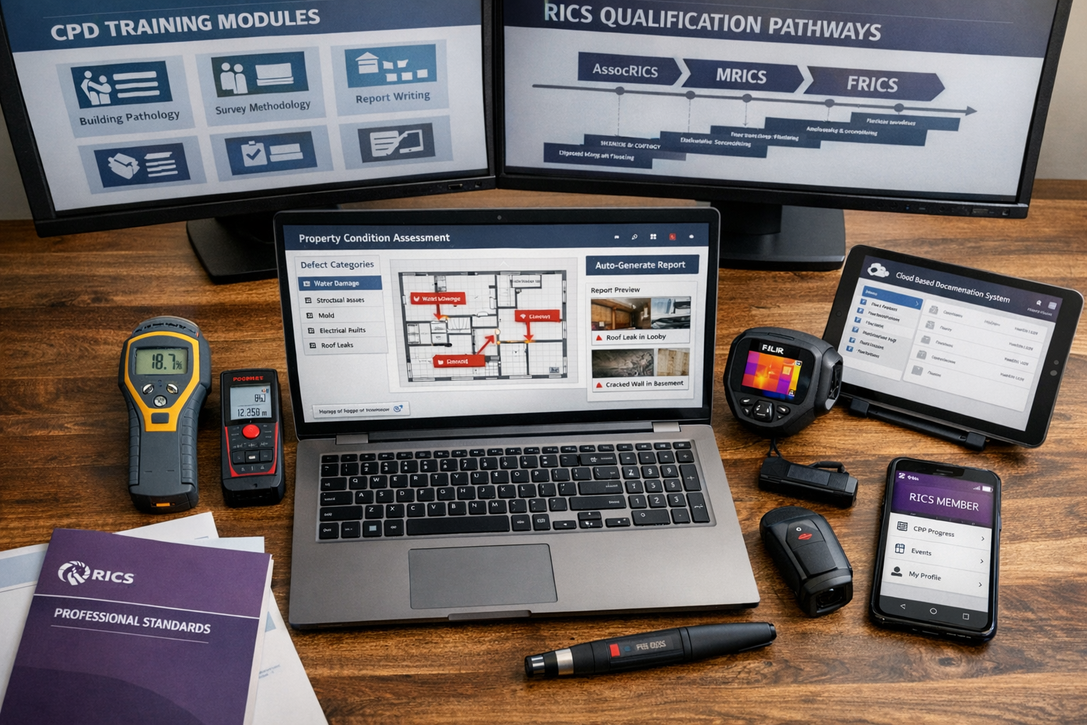 Detailed () photograph of modern surveyor's digital workspace transformation showing laptop screen displaying advanced