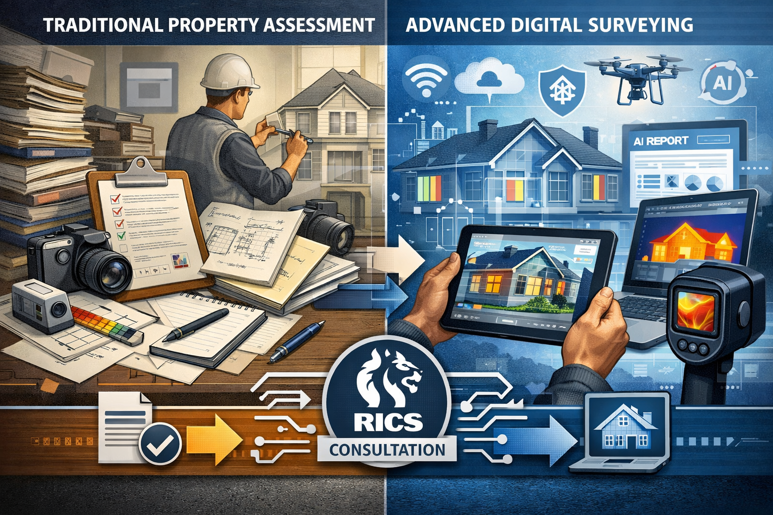 A dynamic split-screen infographic showing surveyor workflow transformation in 2026, left side representing traditional