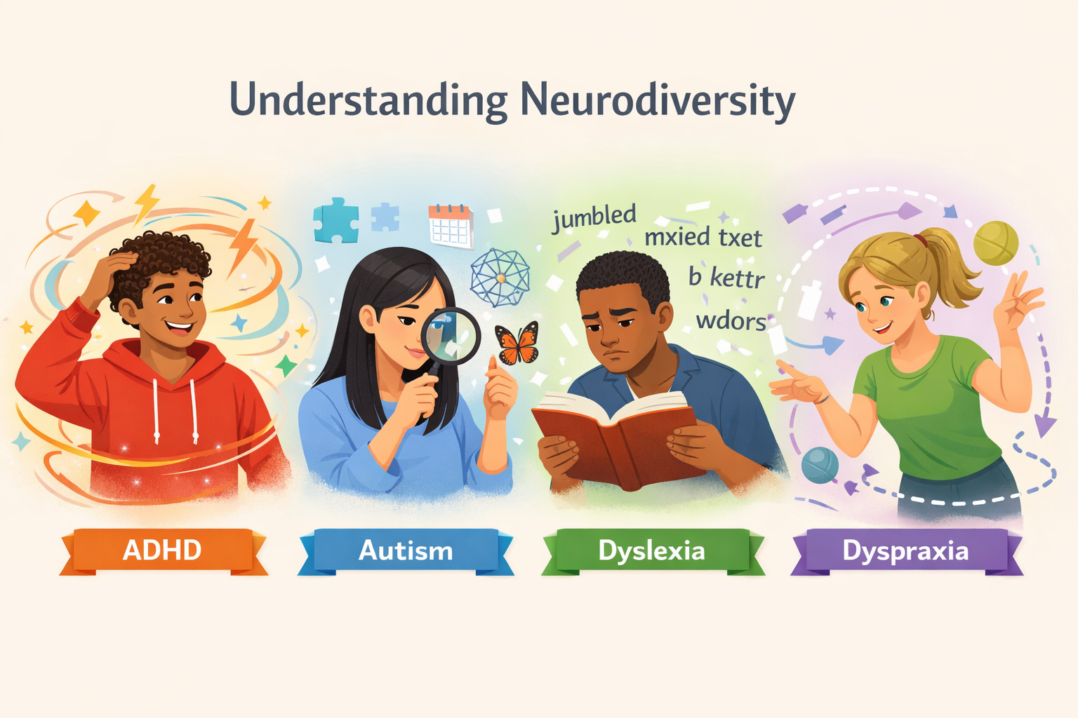 () educational infographic showing diverse group of people with subtle visual representations of different neurodivergent