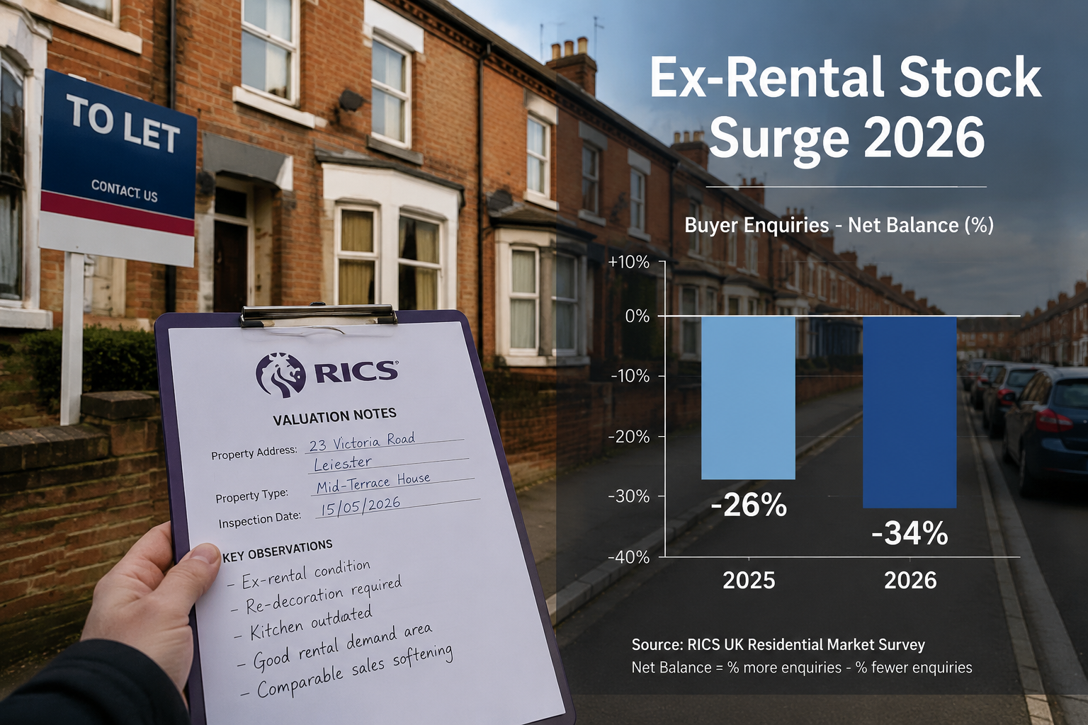 () editorial image showing a UK residential street scene with ex-rental terraced properties, a RICS-branded clipboard with
