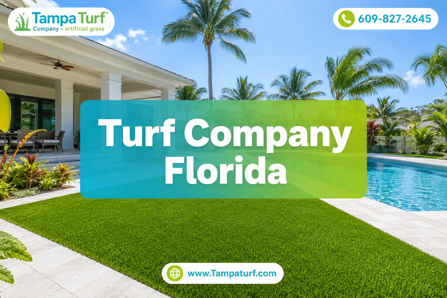 Professional () editorial hero image with SHORT : 'Turf Company Florida', crisp white on a semi-transparent