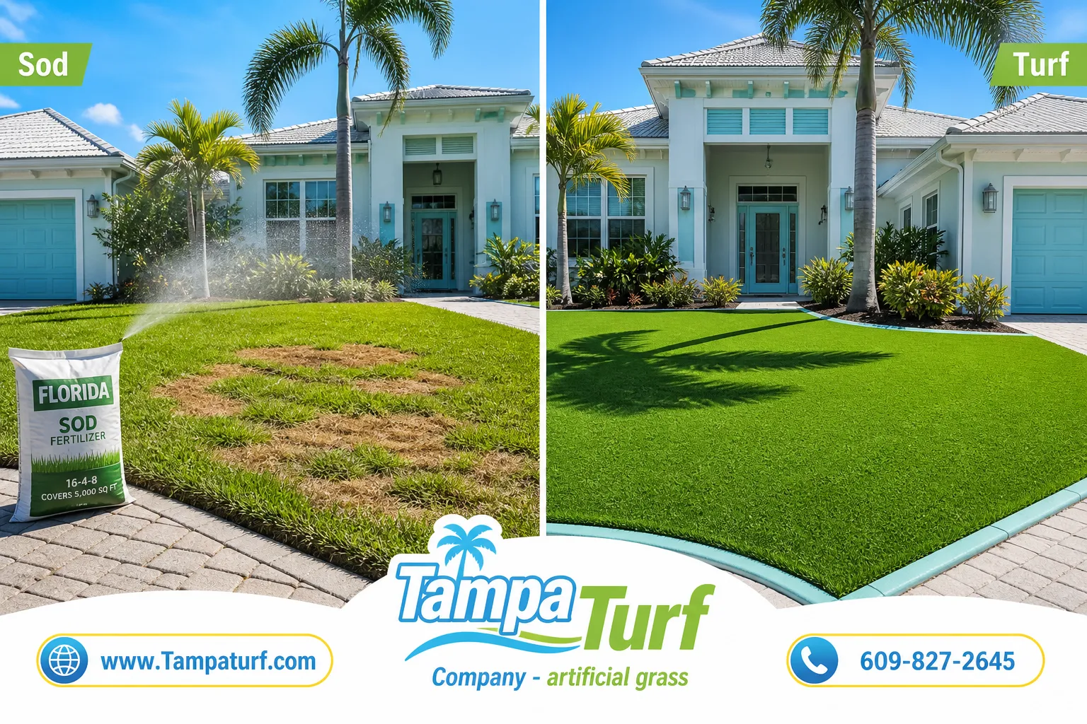 Bright split-screen editorial comparison, landscape : left half shows natural Florida St. Augustine sod lawn under harsh