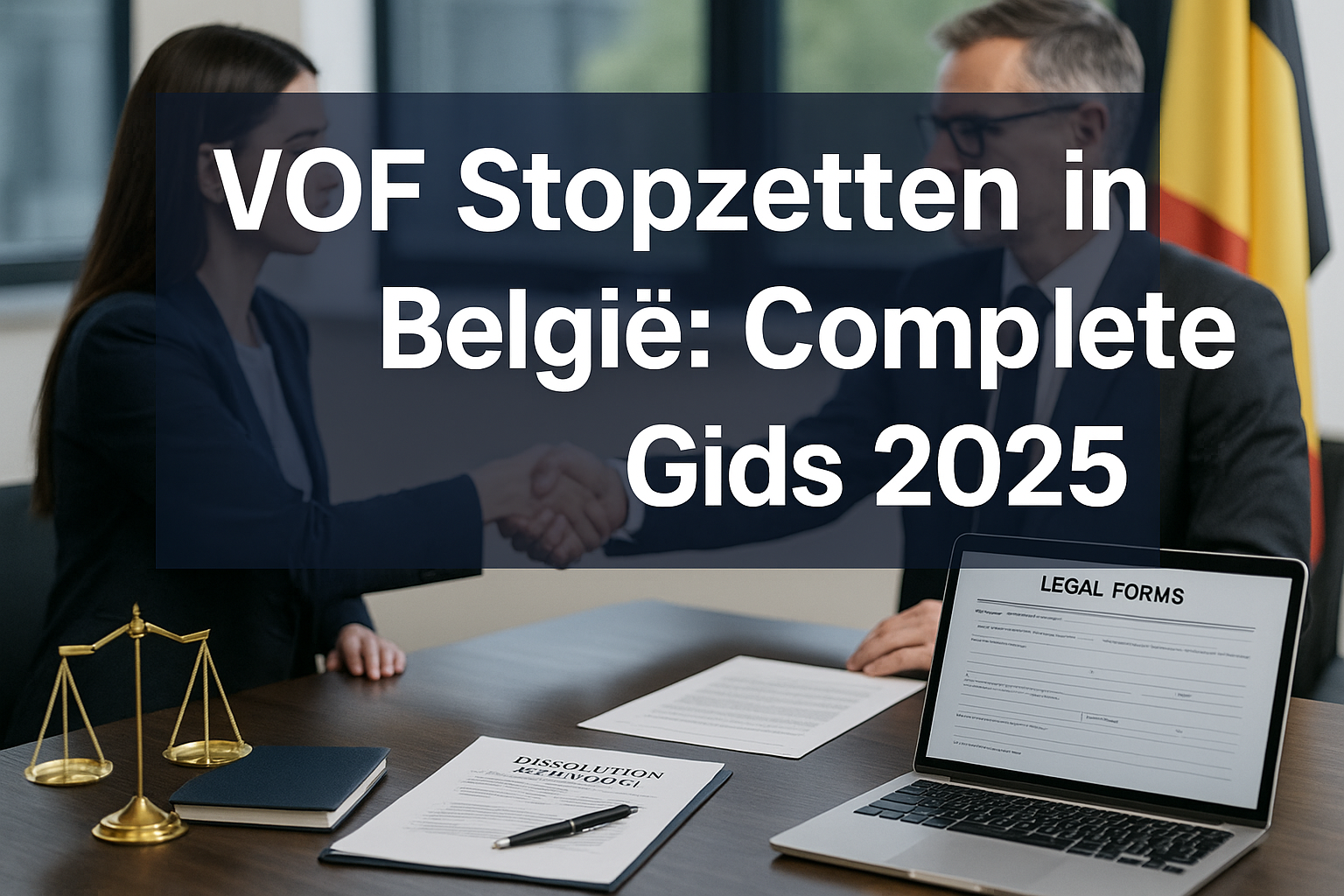 VOF Stopzetten in België: Alles Wat Je Moet Weten 3 Professional landscape hero image (1536x1024) featuring bold text overlay 'VOF Stopzetten in België: Complete Gids 2025' in extra large 72pt