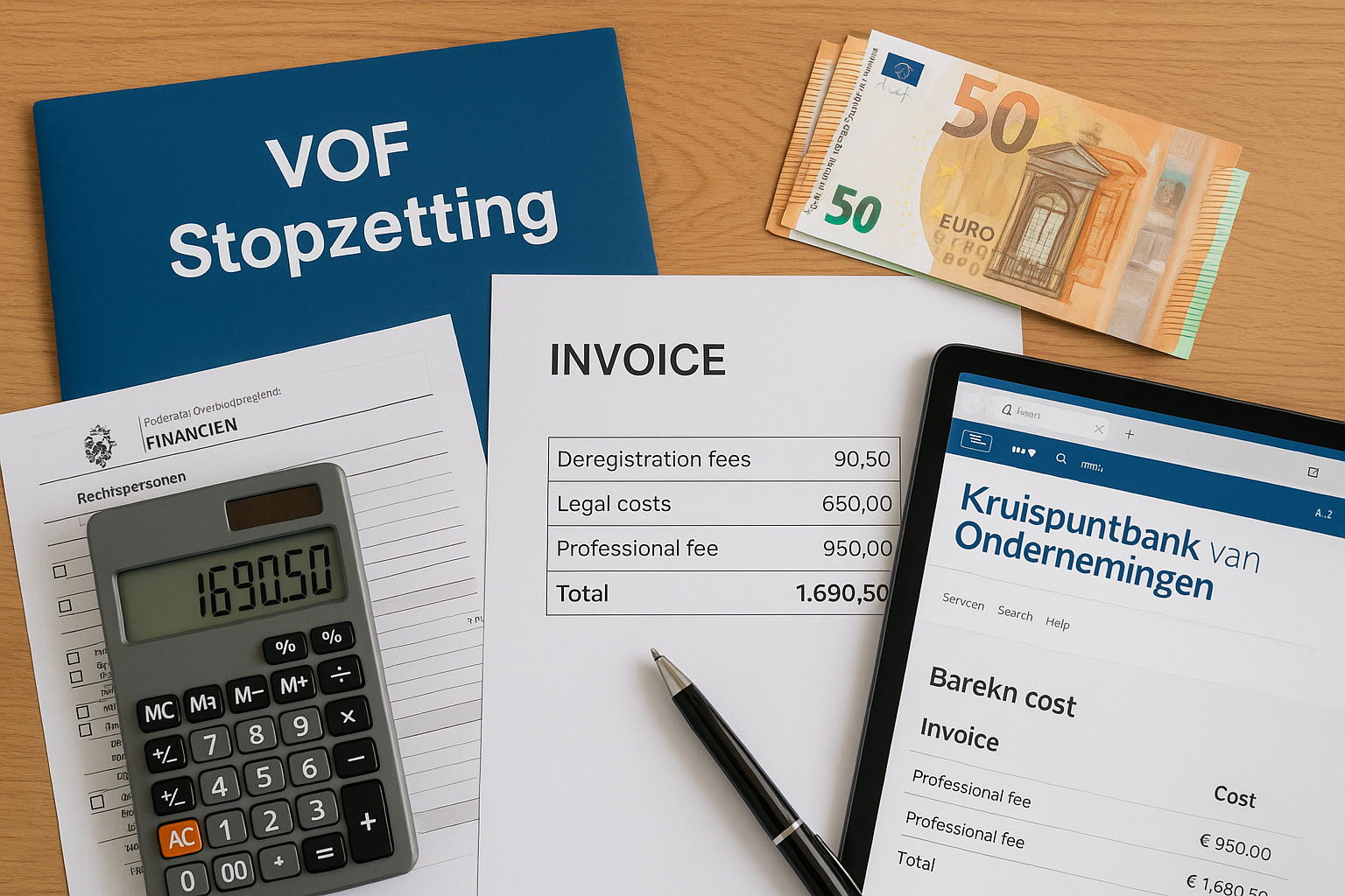 VOF Stopzetten in België: Alles Wat Je Moet Weten 2 Professional editorial photograph (1536x1024) depicting cost breakdown visualization for VOF stopzetting in Belgium. Scene shows calculator,