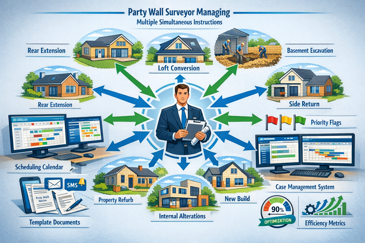 Detailed () workflow diagram showing party wall surveyor managing multiple simultaneous instructions, central hub-and-spoke