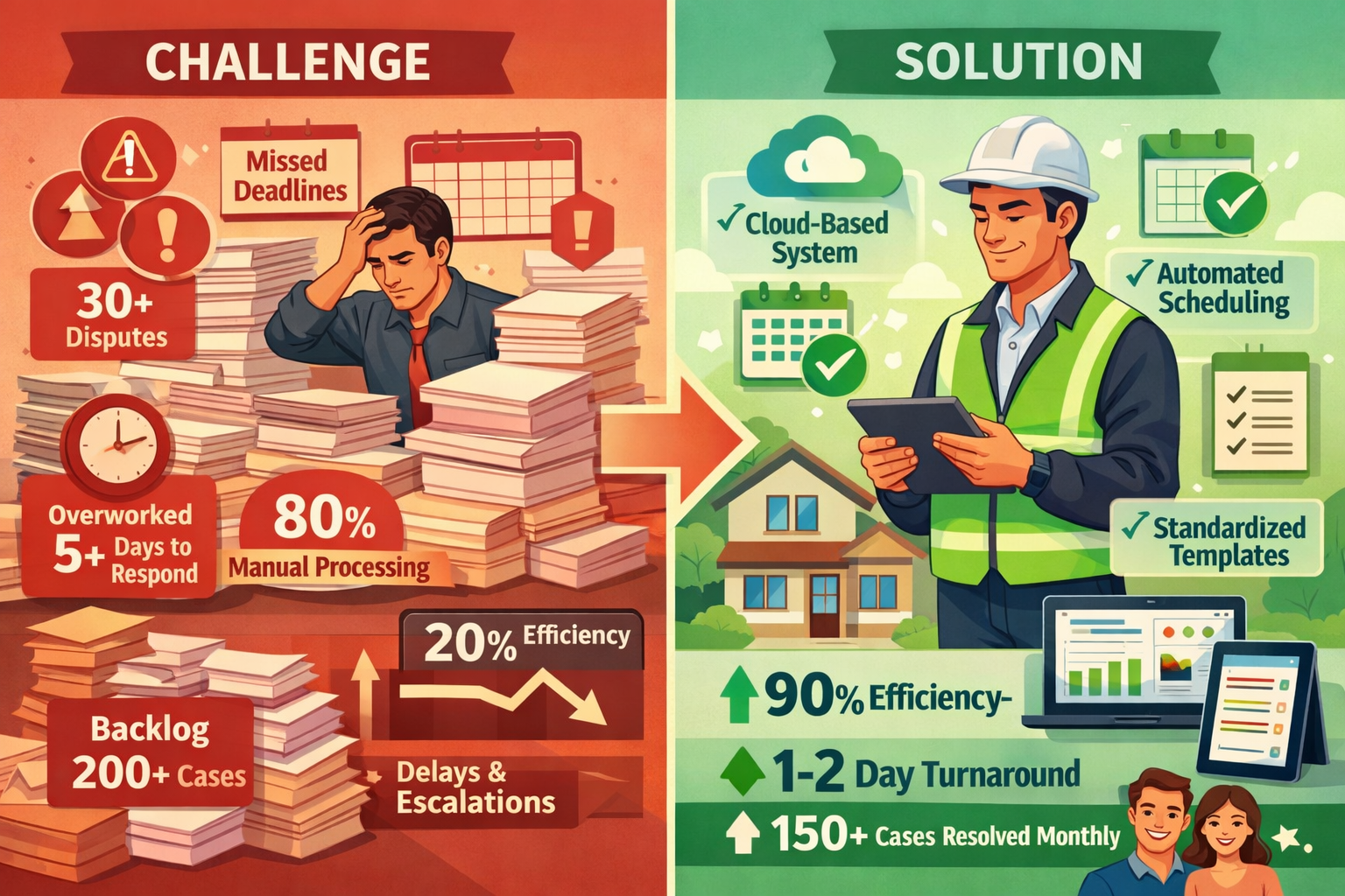 Detailed () split-screen comparison showing 'Challenge vs Solution' for high-volume party wall instructions. Left side